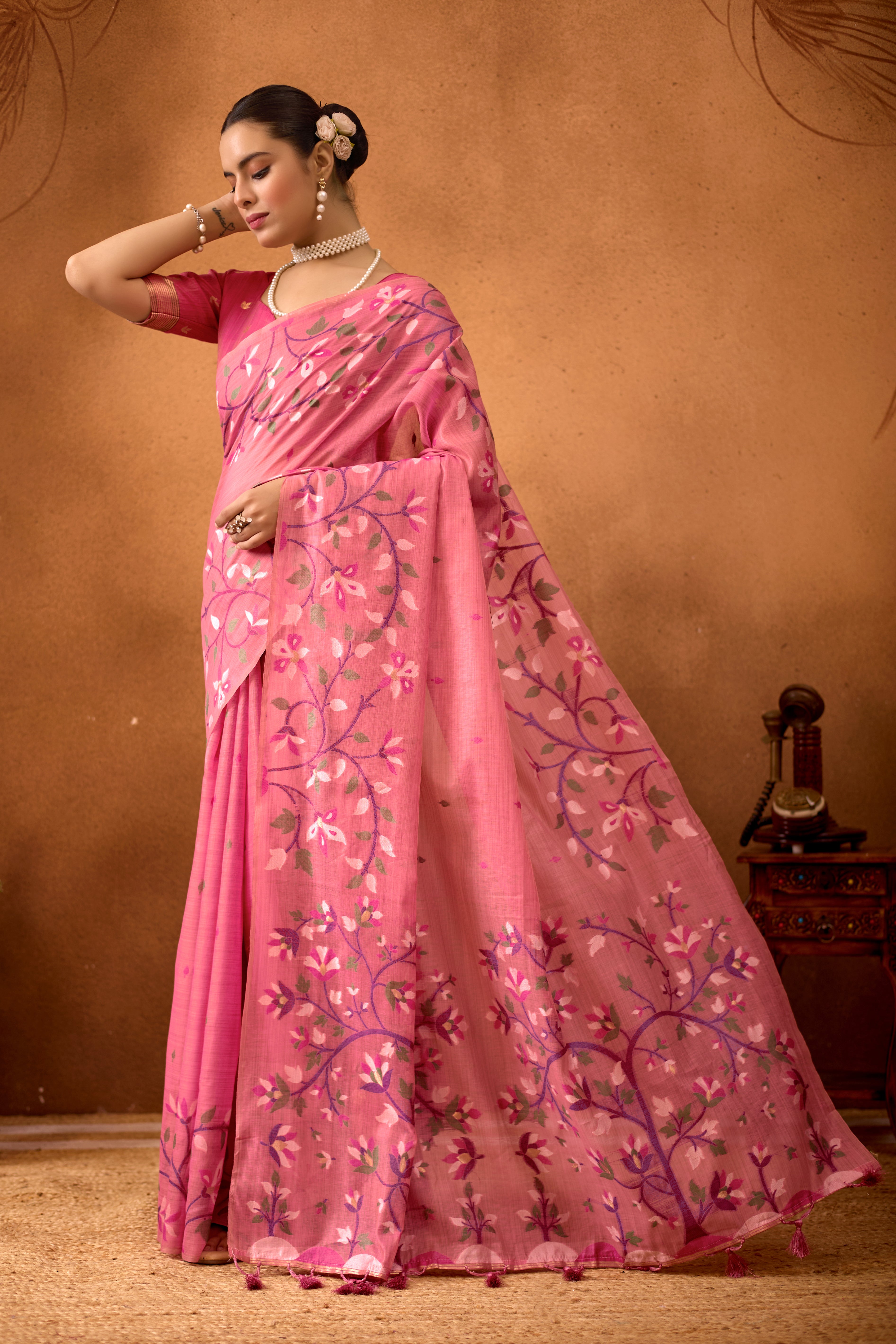 Woven Floral Design Muga Cotton Saree in Pink