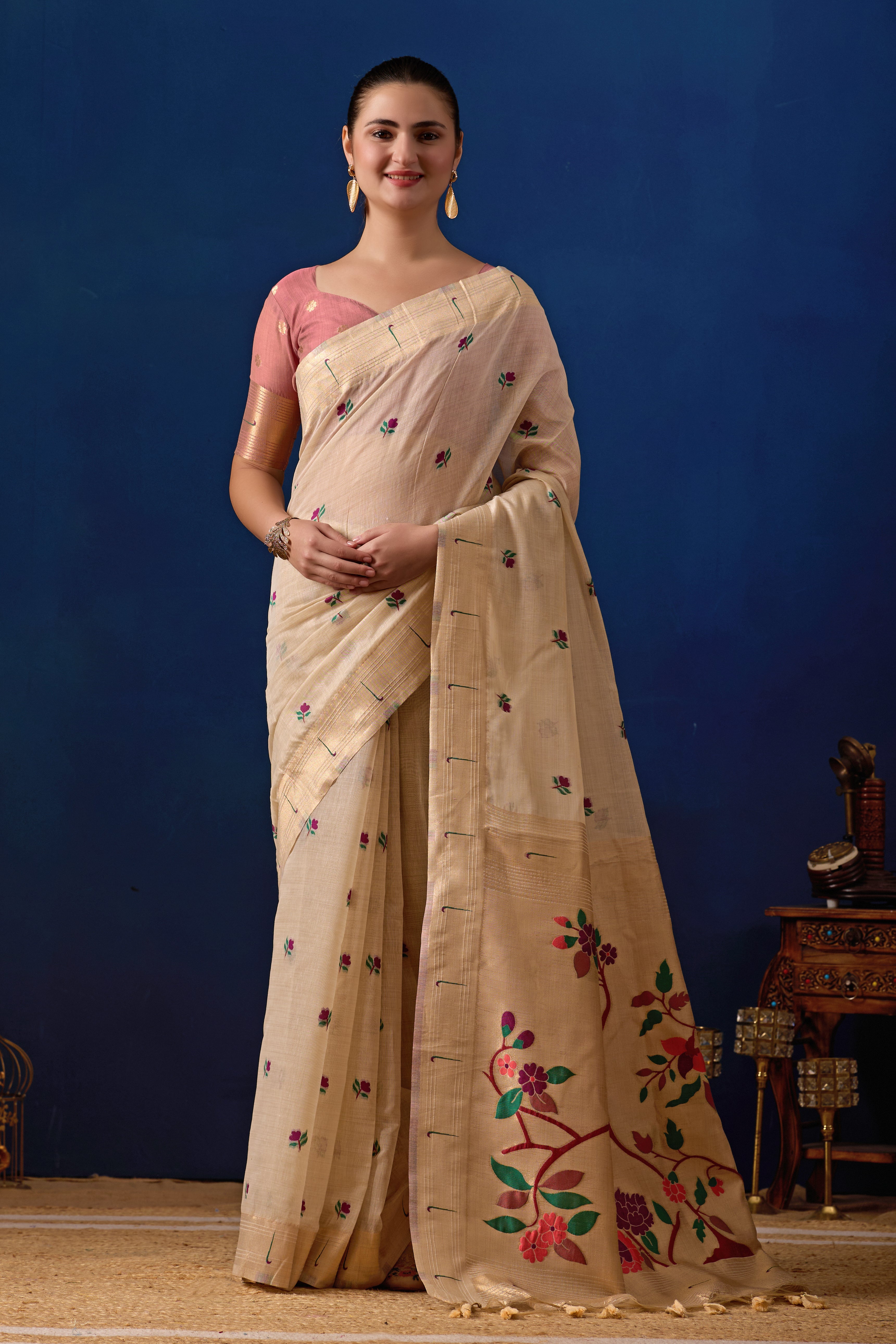 Classic Tree Pallu Paithani Silk Saree in Cream with Light Pink Contrast
