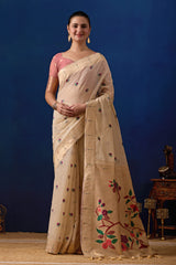 Classic Tree Pallu Paithani Silk Saree in Cream with Light Pink Contrast