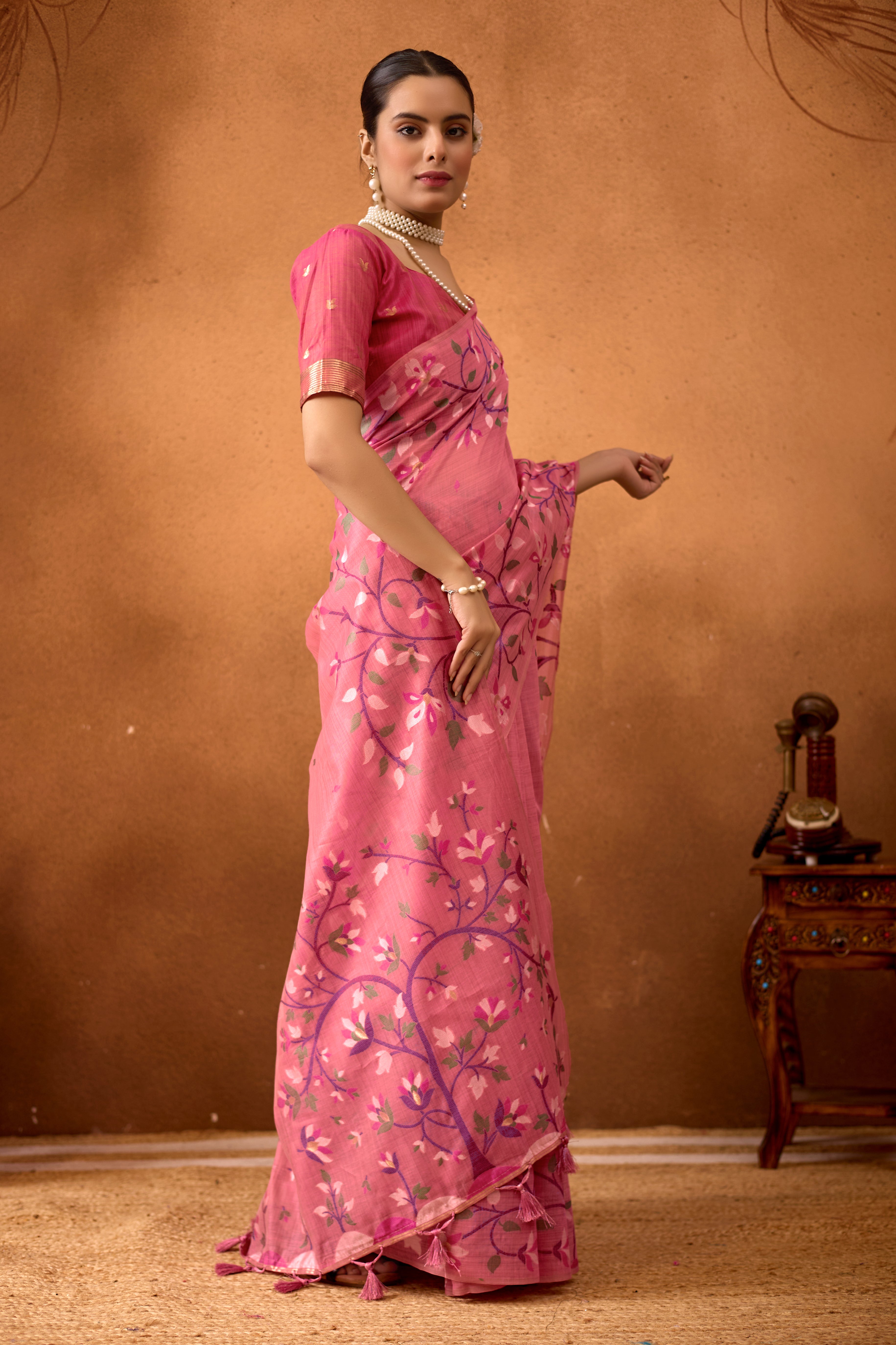 Woven Floral Design Muga Cotton Saree in Pink