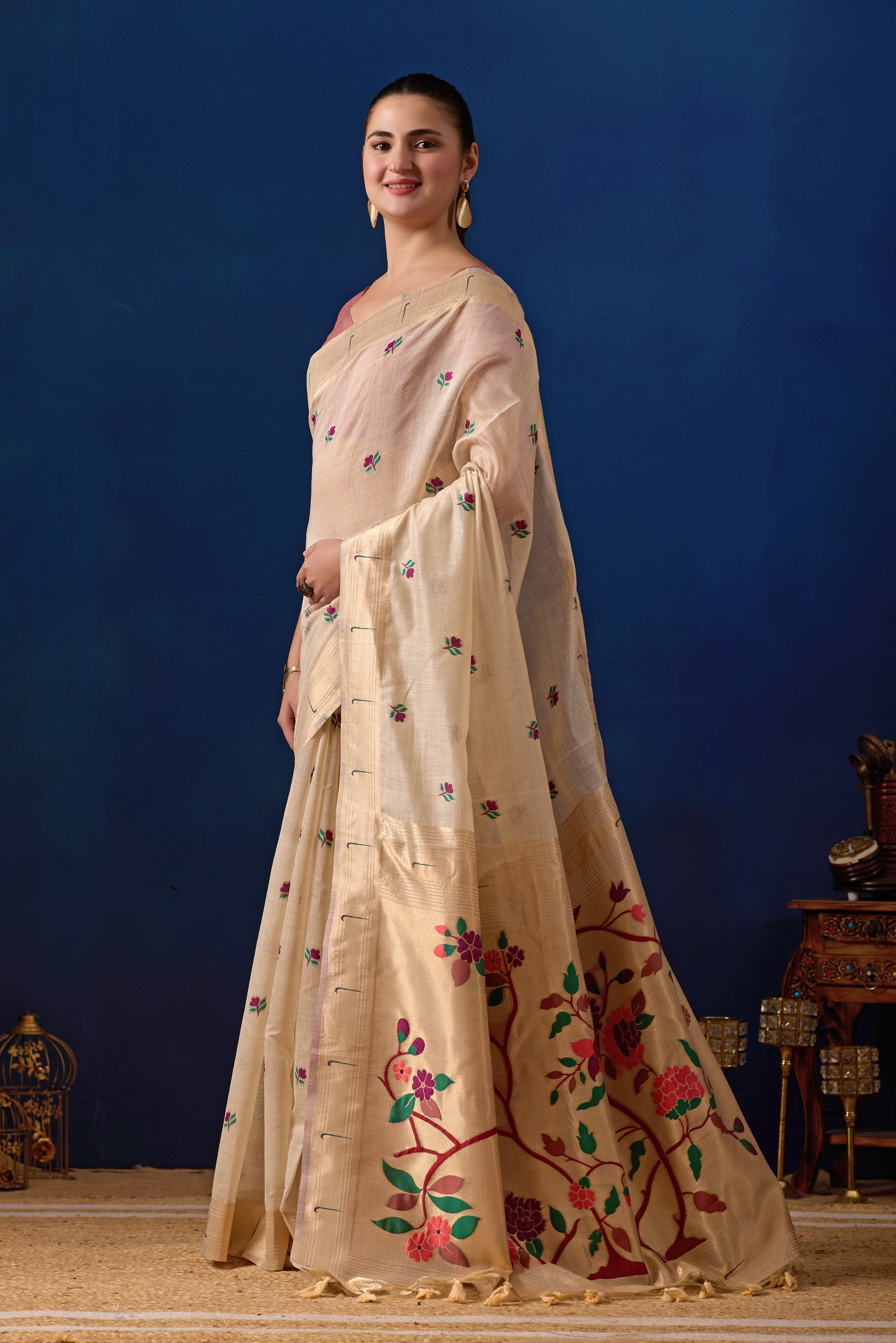 Classic Tree Pallu Paithani Silk Saree in Cream with Light Pink Contrast