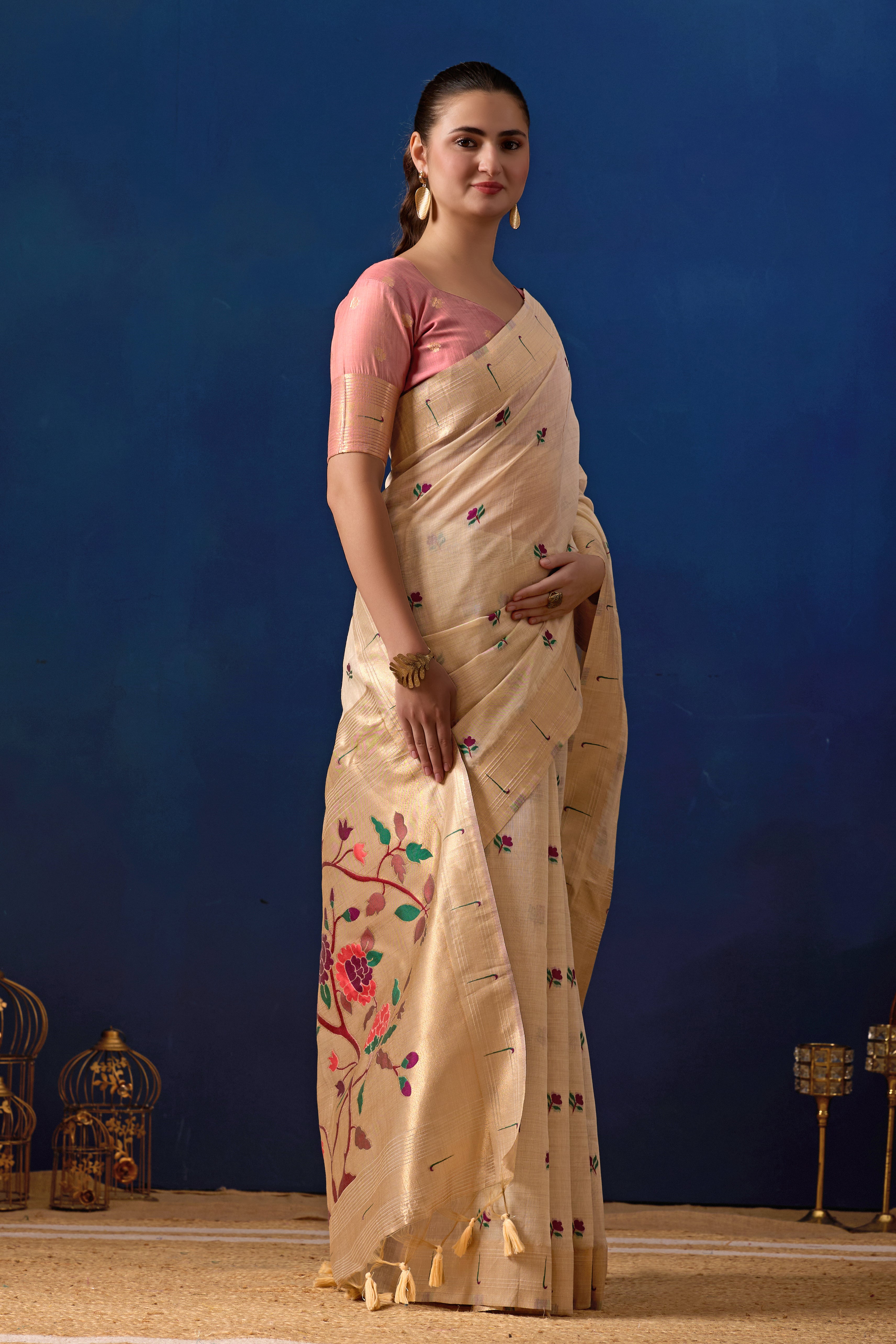 Classic Tree Pallu Paithani Silk Saree in Cream with Light Pink Contrast
