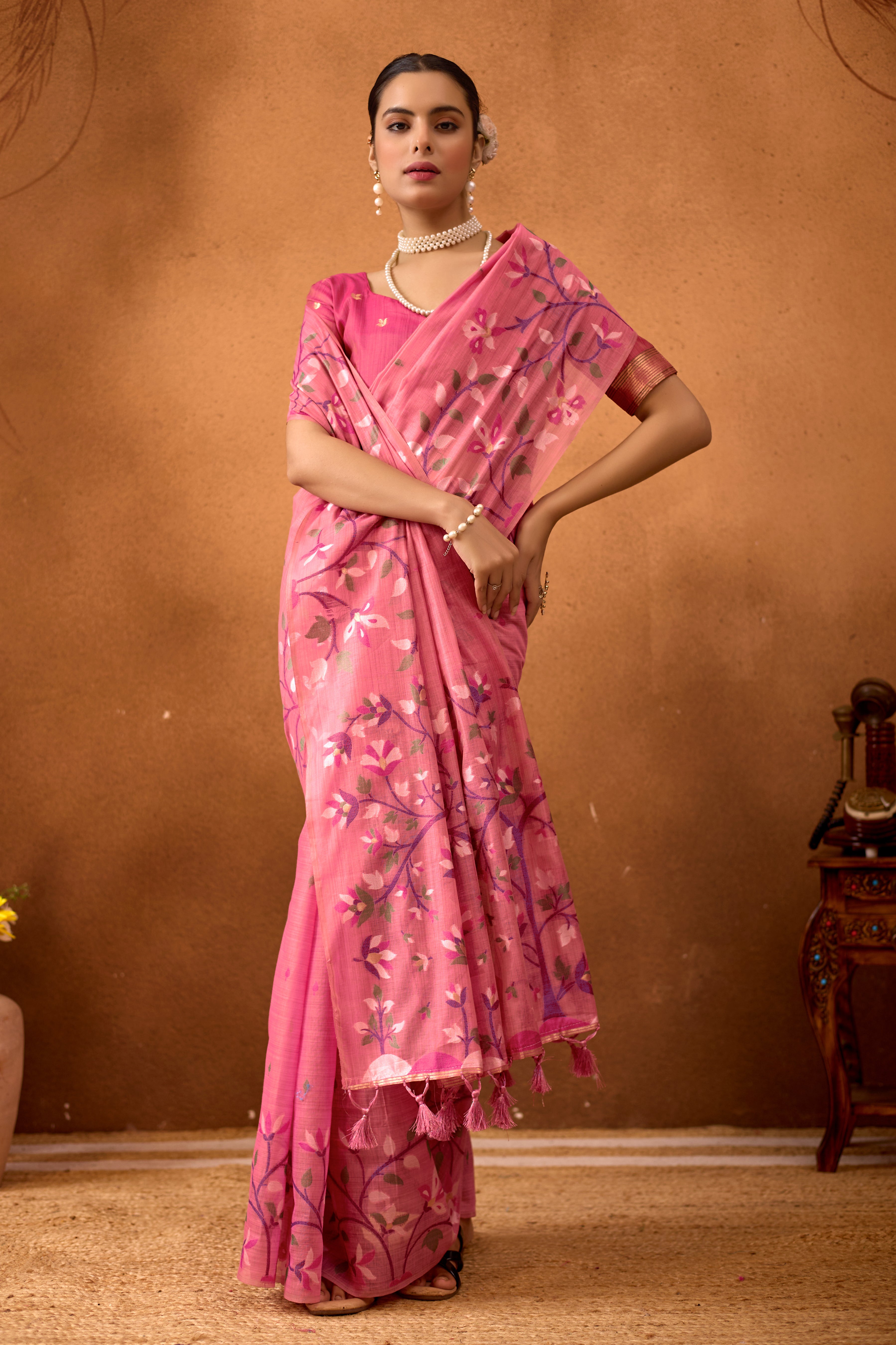 Woven Floral Design Muga Cotton Saree in Pink
