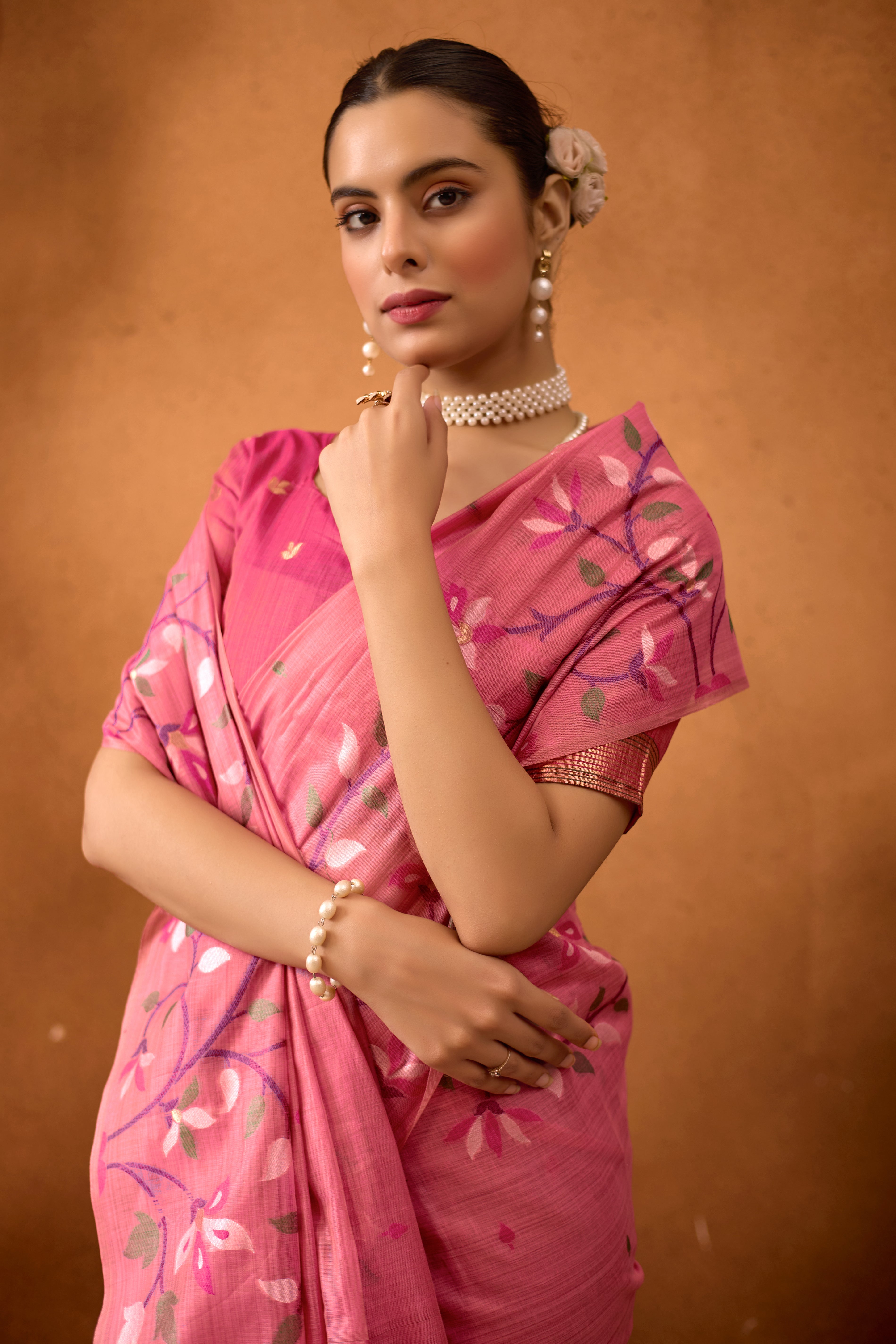 Woven Floral Design Muga Cotton Saree in Pink