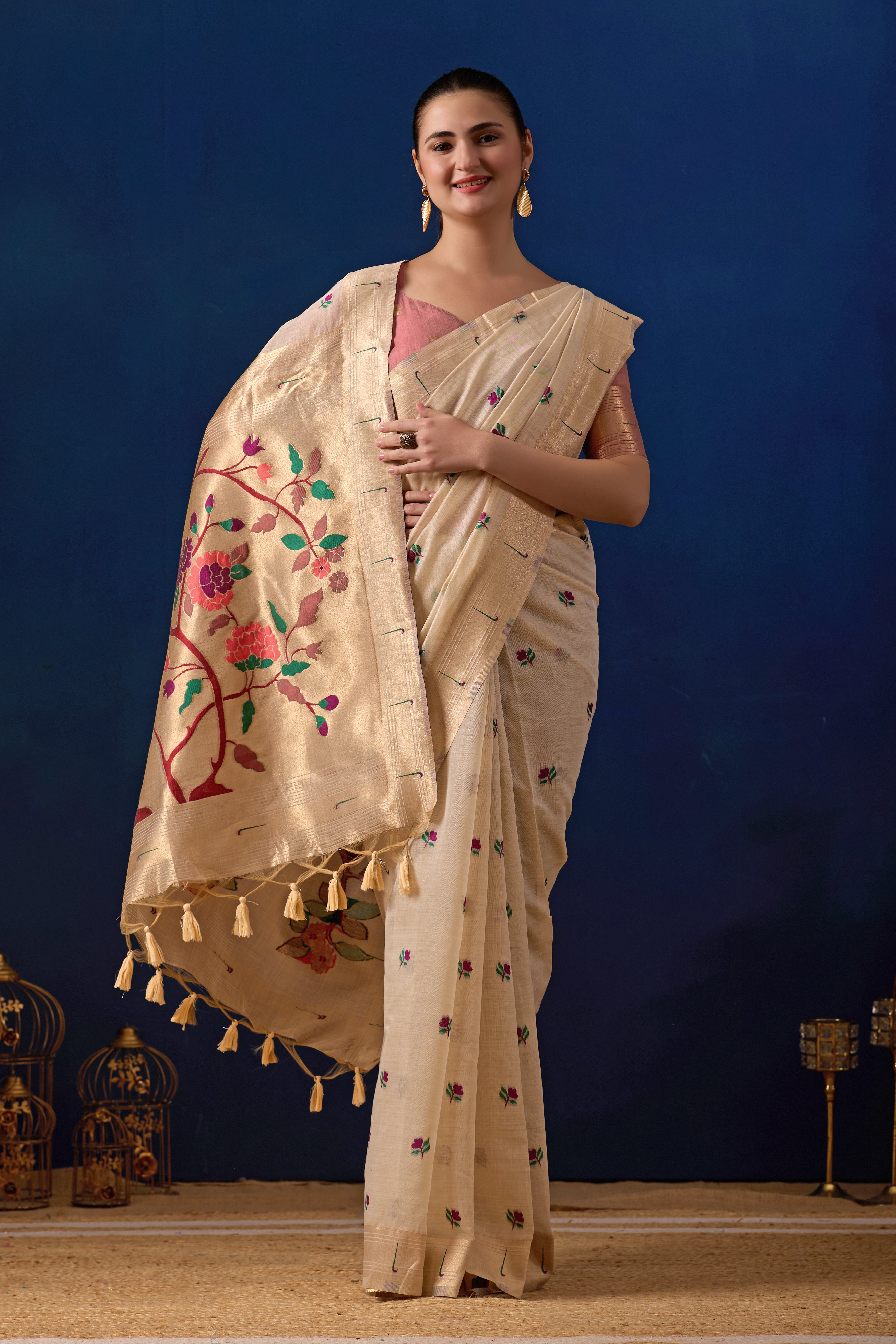 Classic Tree Pallu Paithani Silk Saree in Cream with Light Pink Contrast