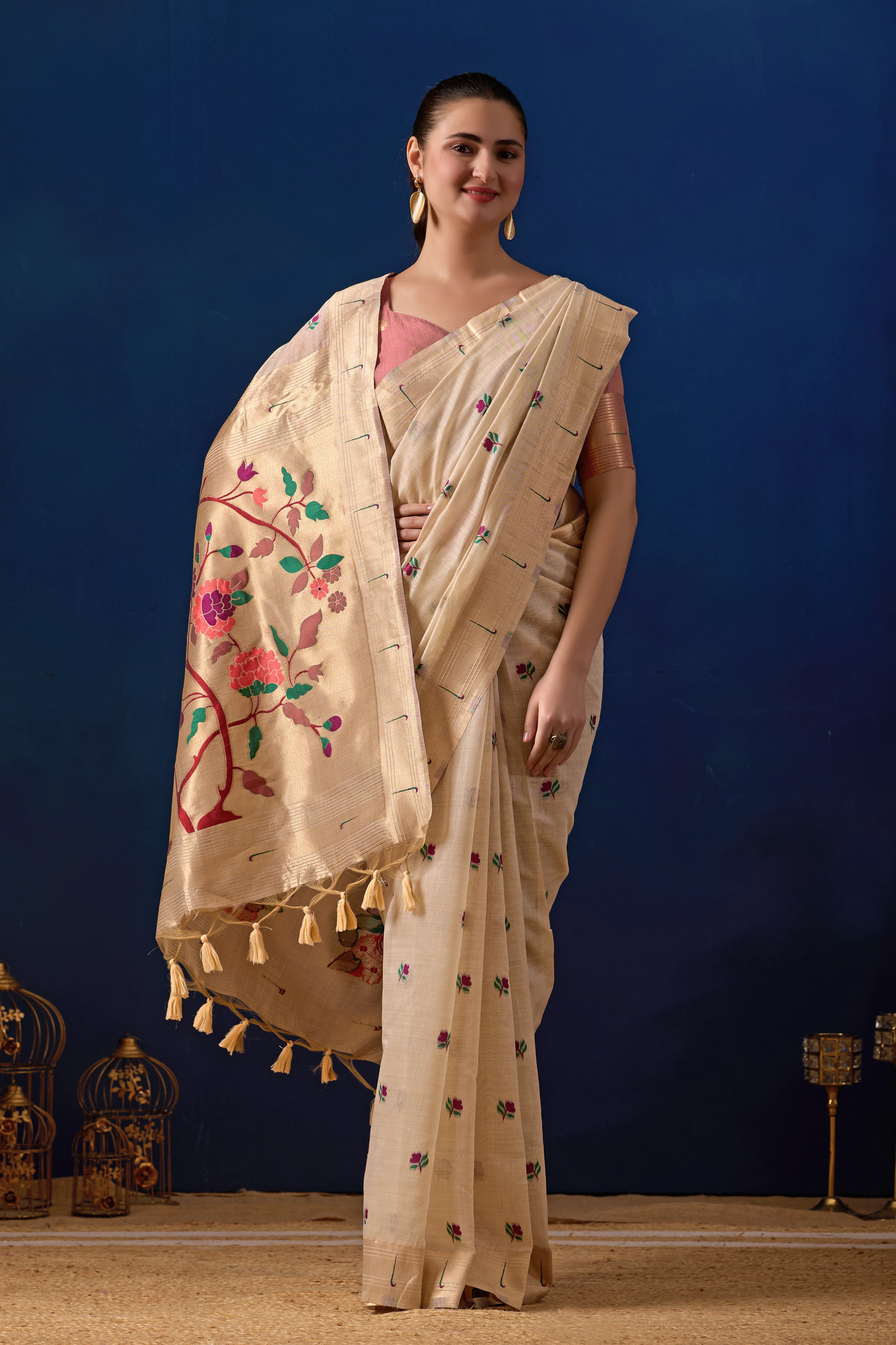 Classic Tree Pallu Paithani Silk Saree in Cream with Light Pink Contrast