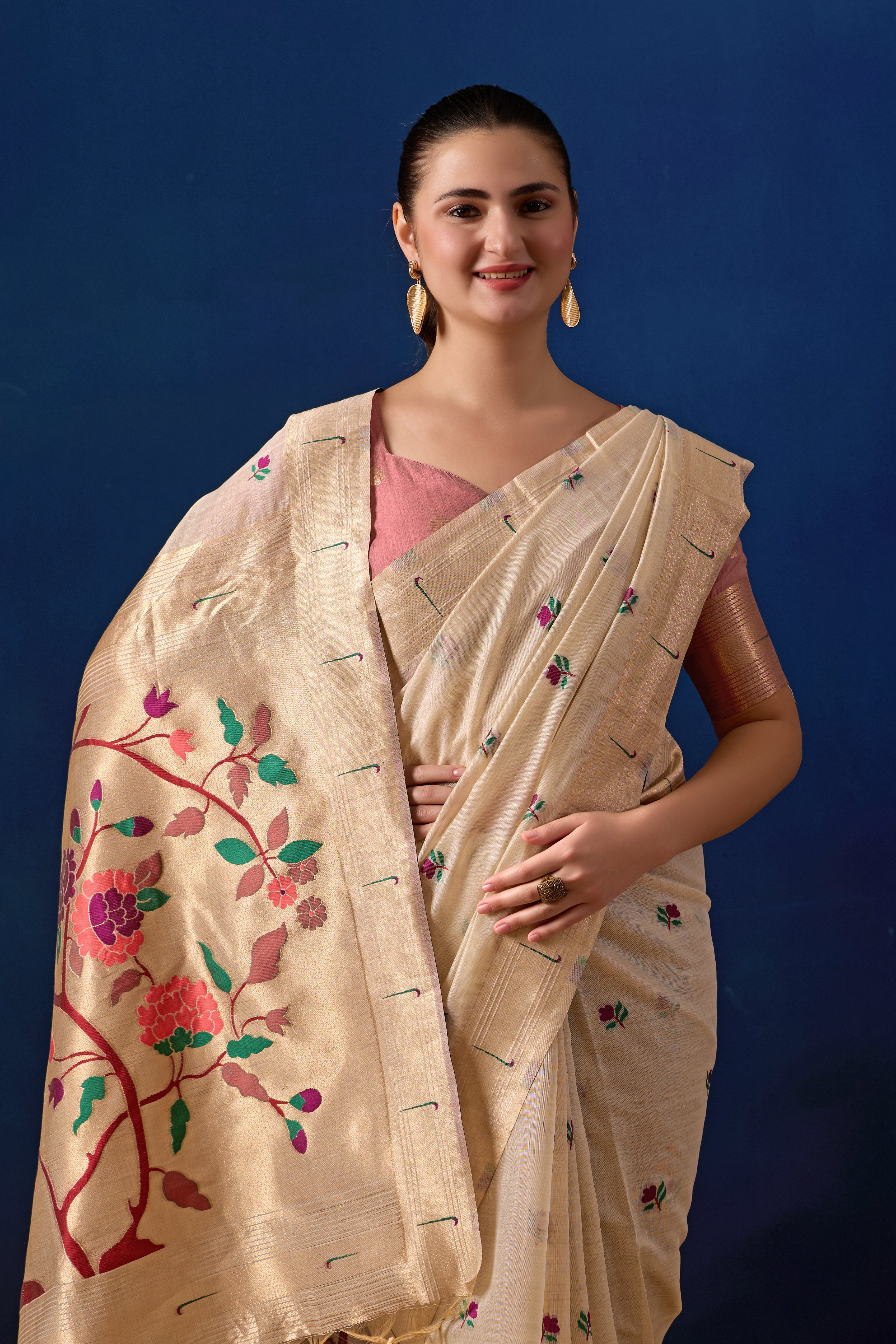 Classic Tree Pallu Paithani Silk Saree in Cream with Light Pink Contrast