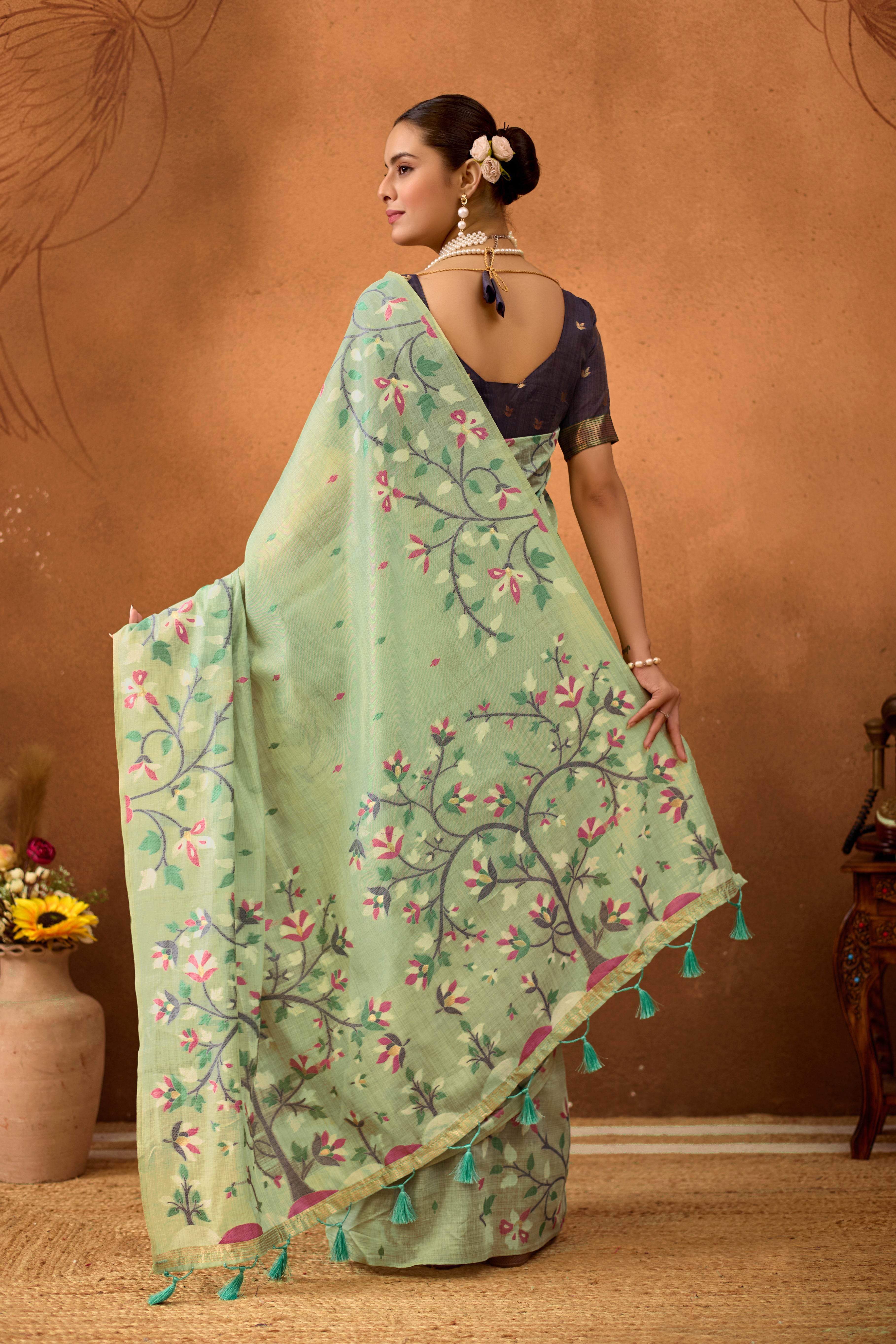 Woven Floral Design Muga Cotton Saree in C Green