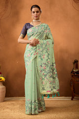Woven Floral Design Muga Cotton Saree in C Green