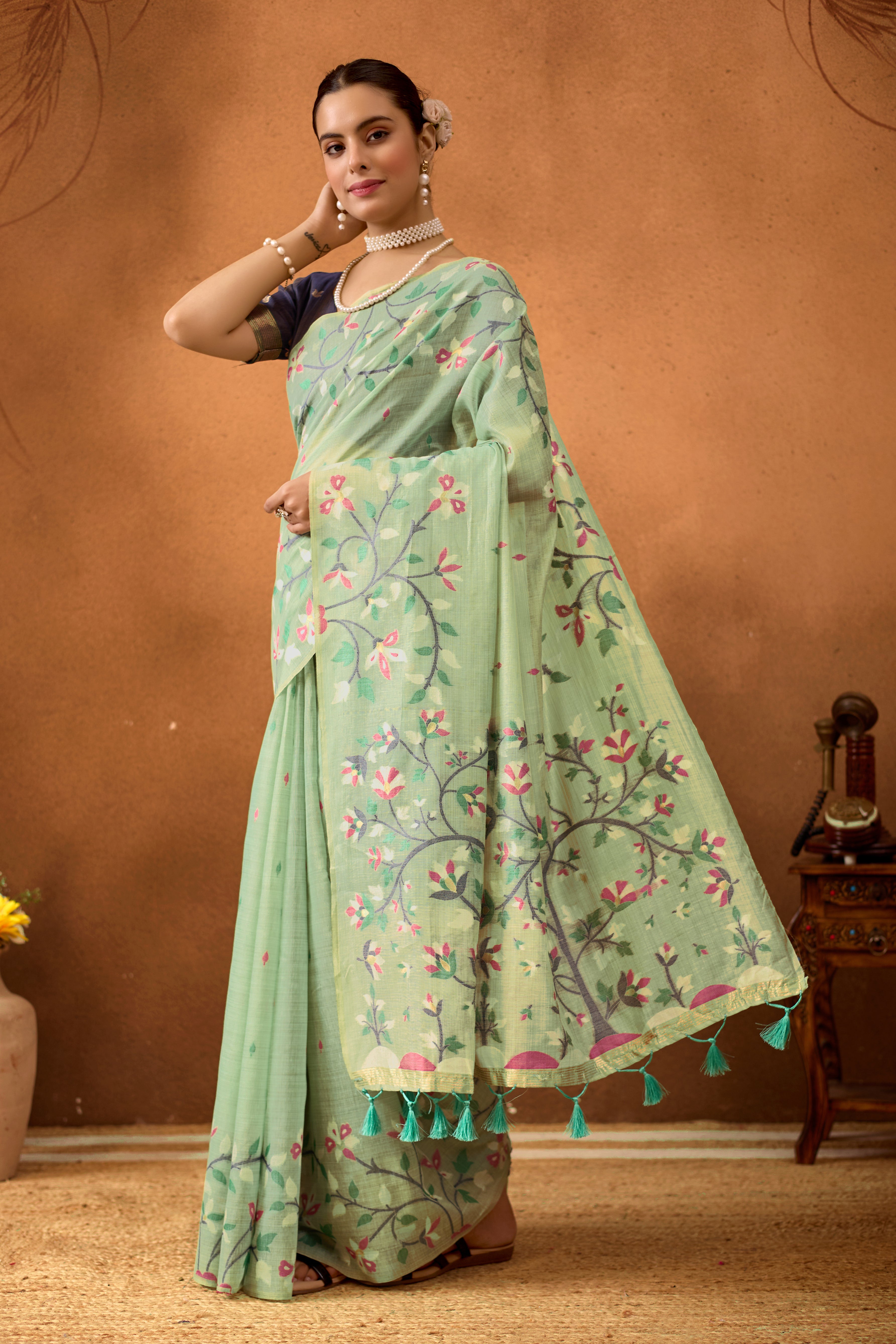 Woven Floral Design Muga Cotton Saree in C Green