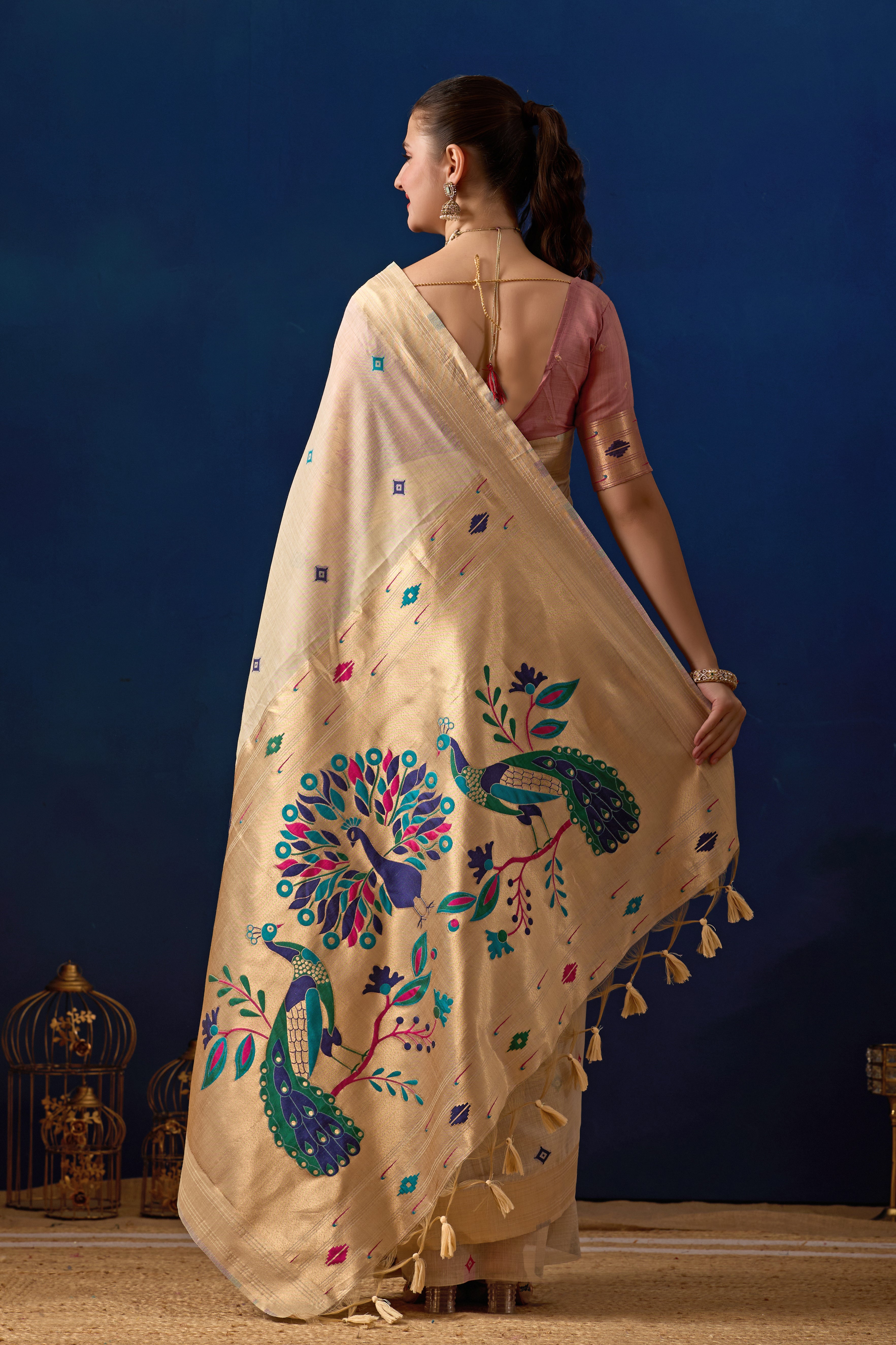 Royal Paithani Silk Saree in Cream with Pink Contrast