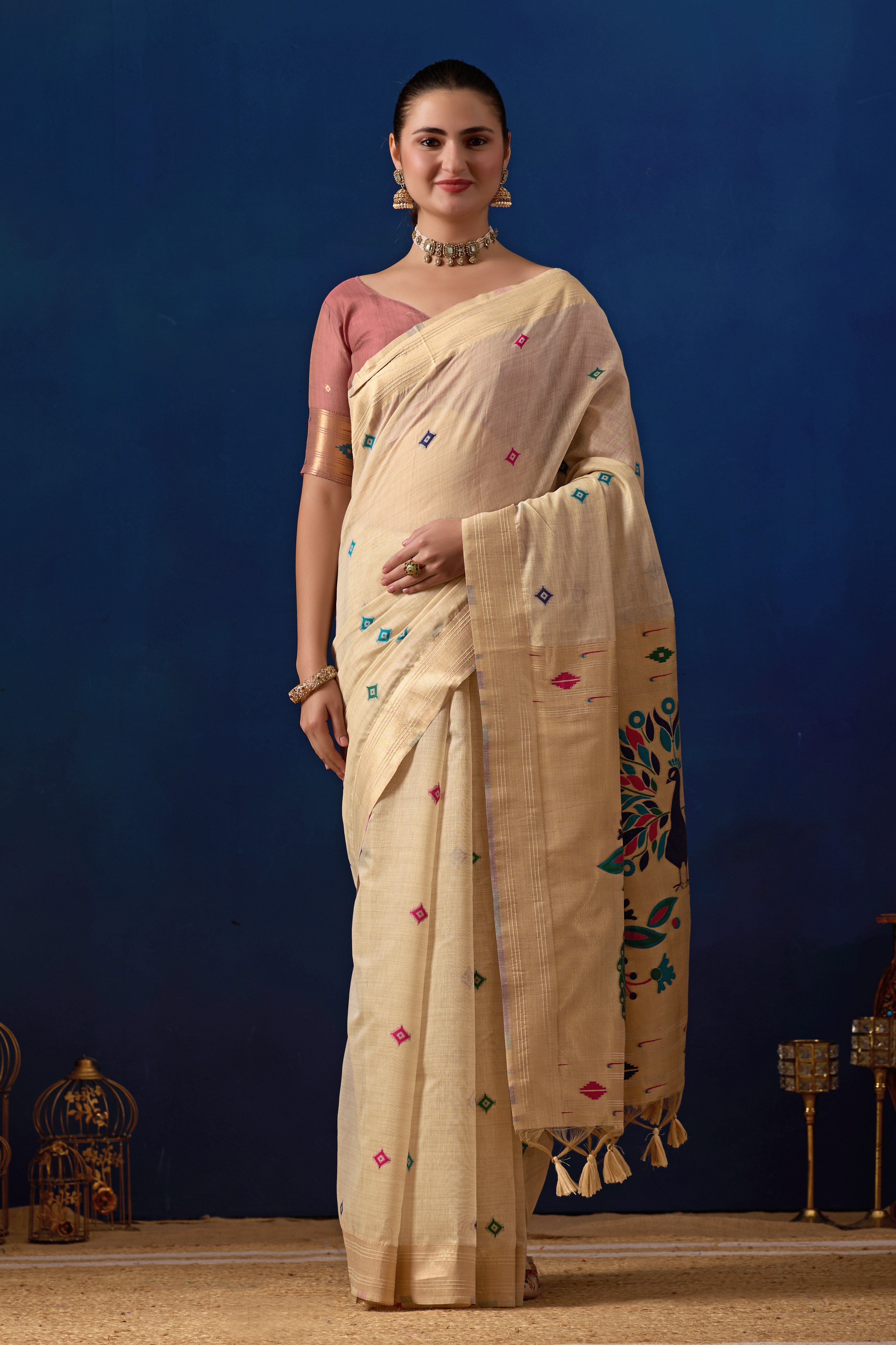 Royal Paithani Silk Saree in Cream with Pink Contrast
