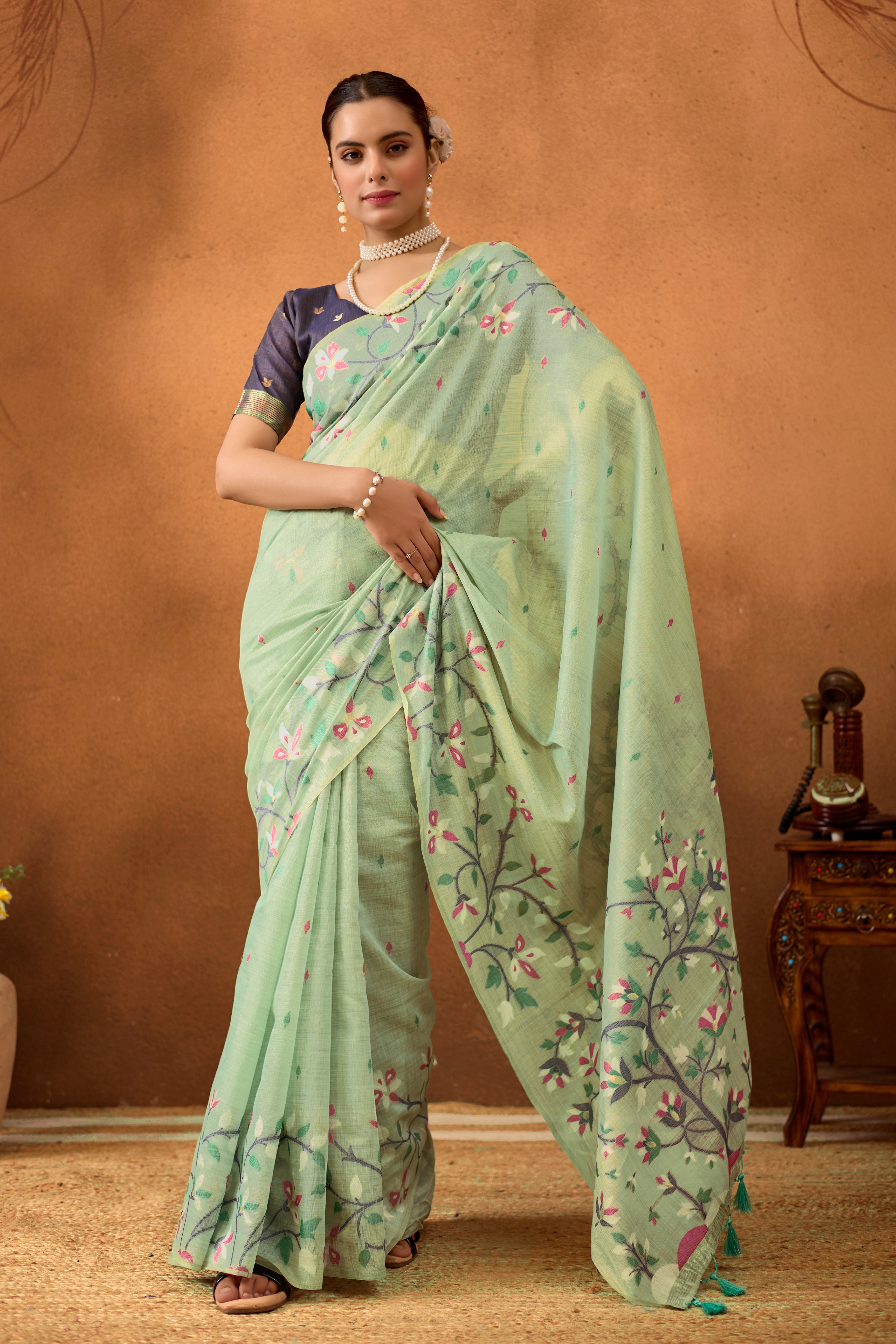 Woven Floral Design Muga Cotton Saree in C Green