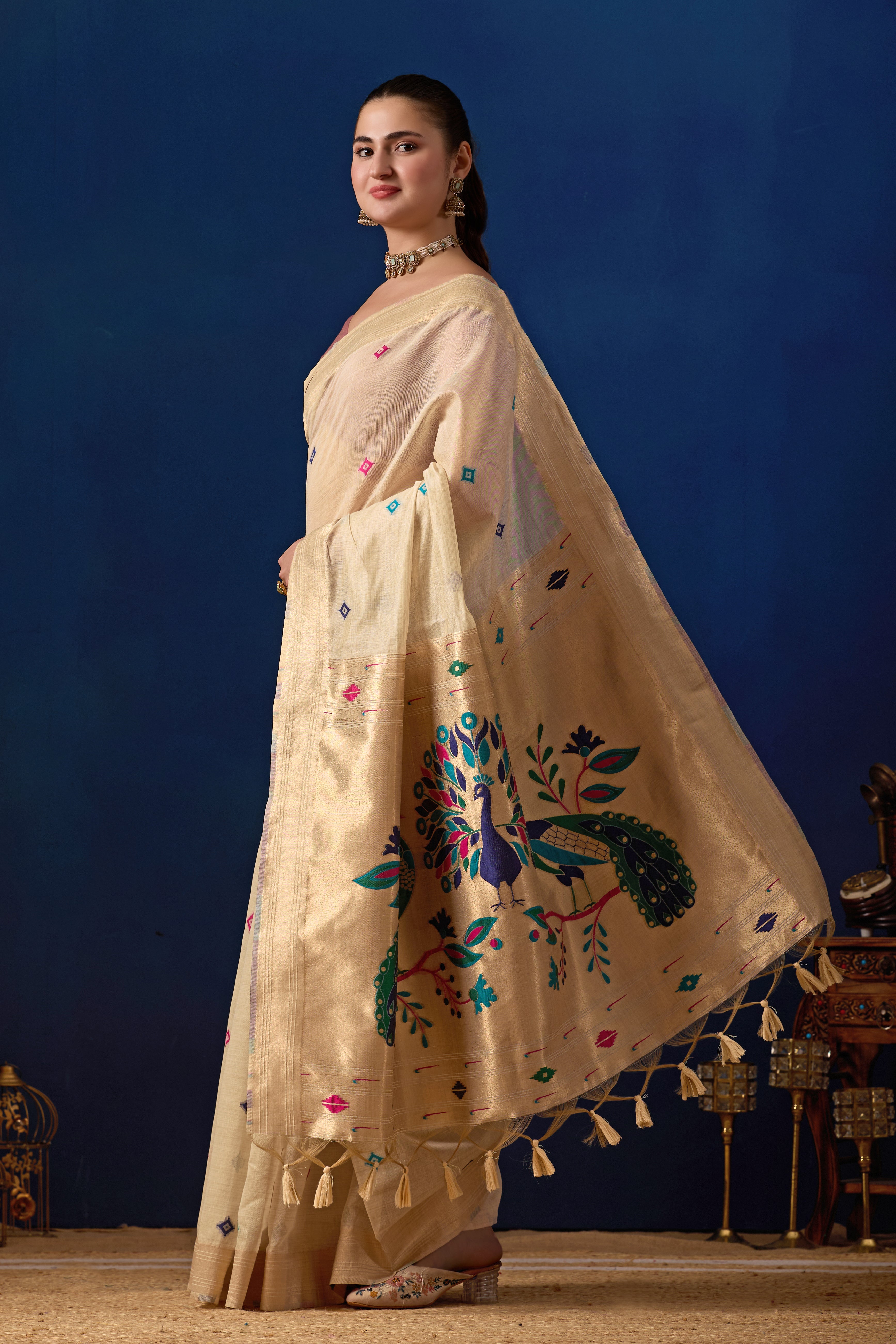 Royal Paithani Silk Saree in Cream with Pink Contrast