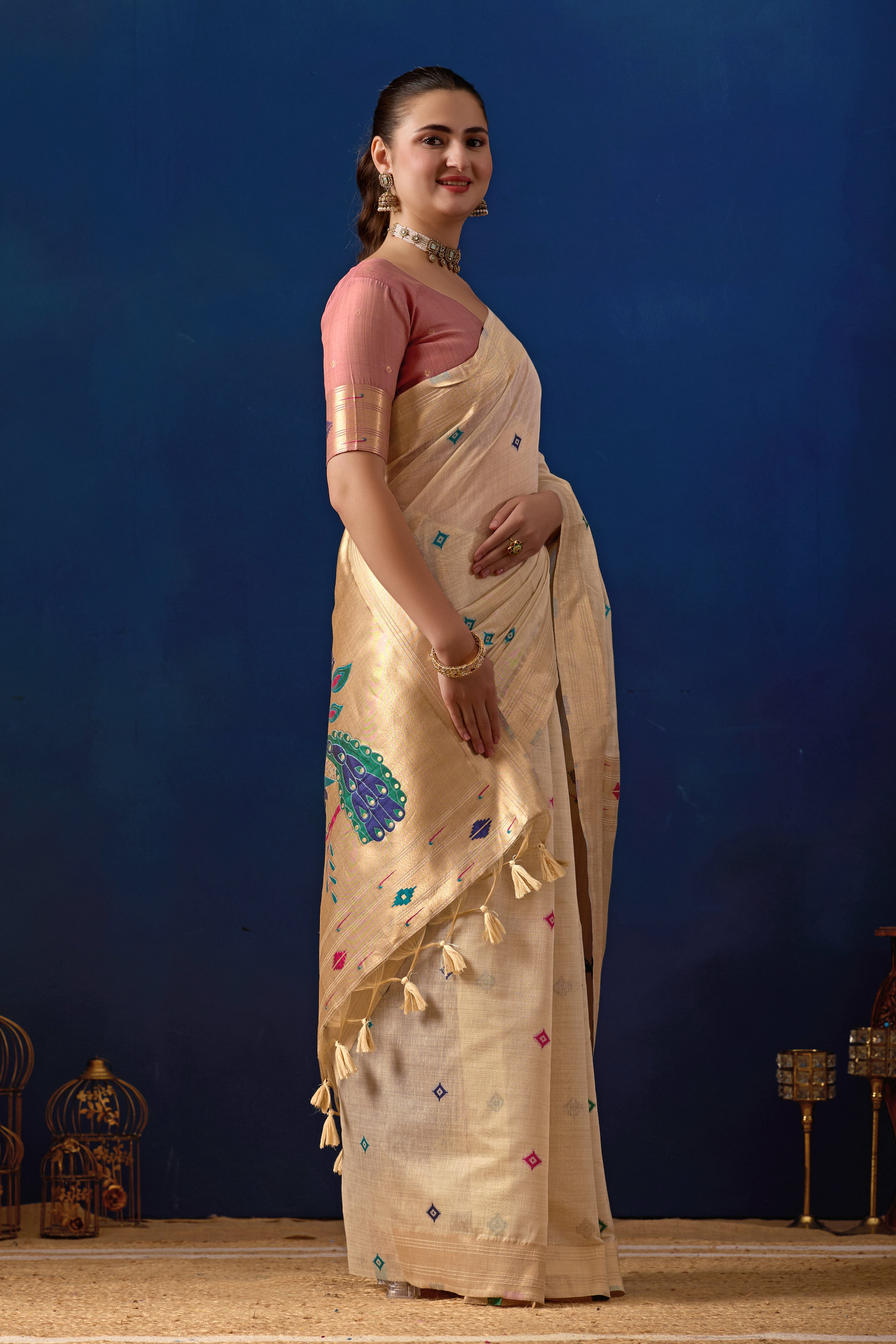 Royal Paithani Silk Saree in Cream with Pink Contrast