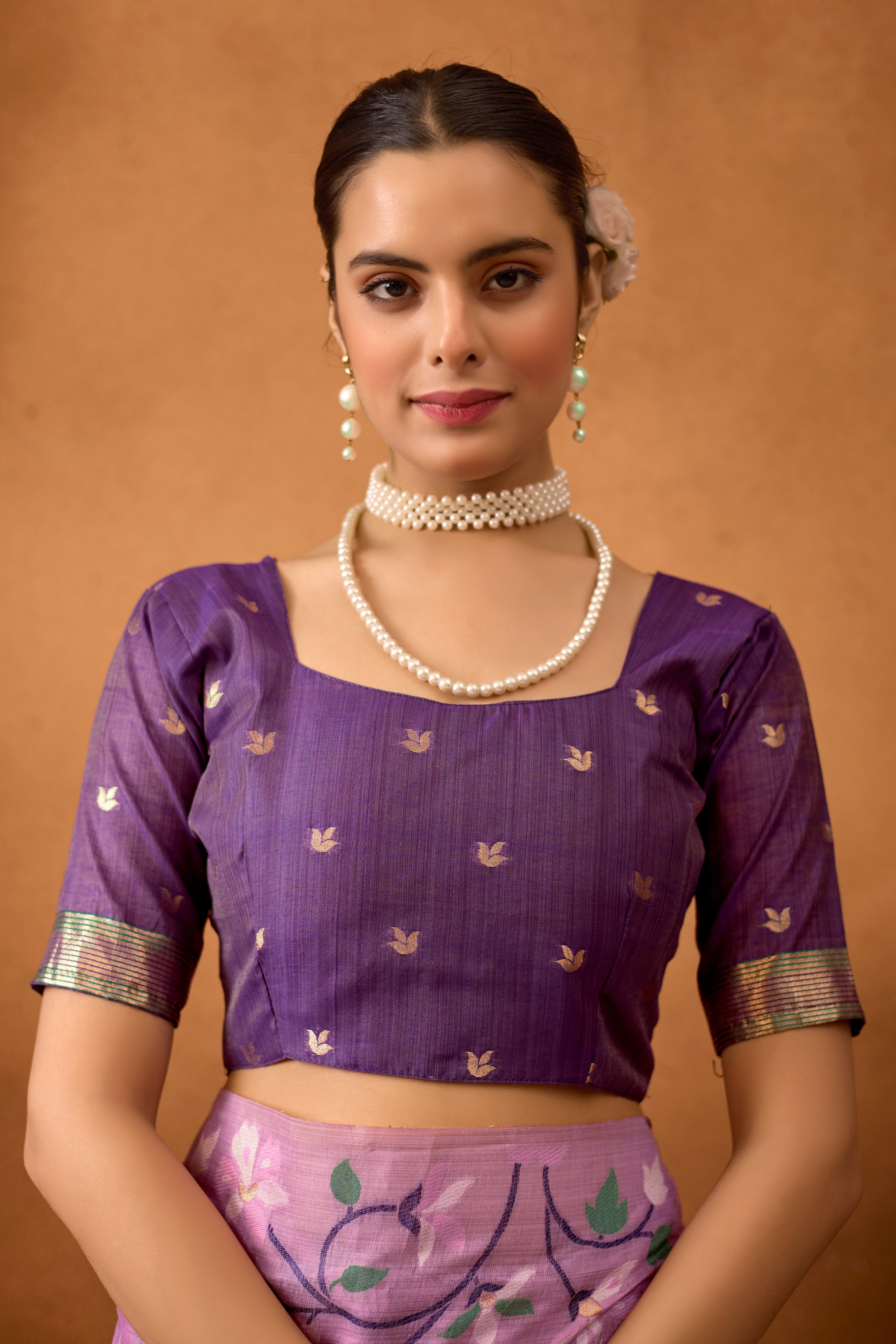 Woven Floral Design Muga Cotton Saree in Lavender