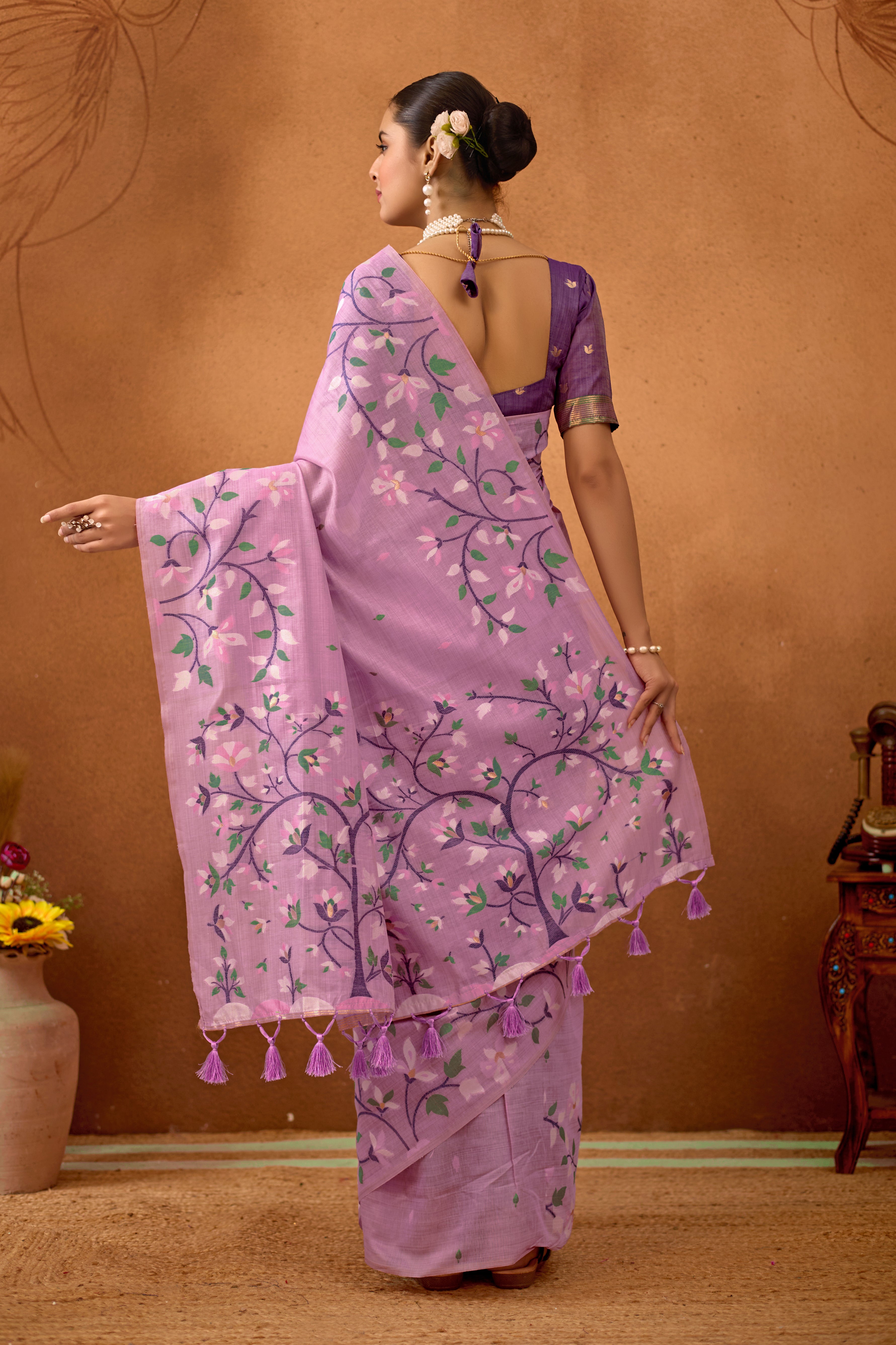 Woven Floral Design Muga Cotton Saree in Lavender