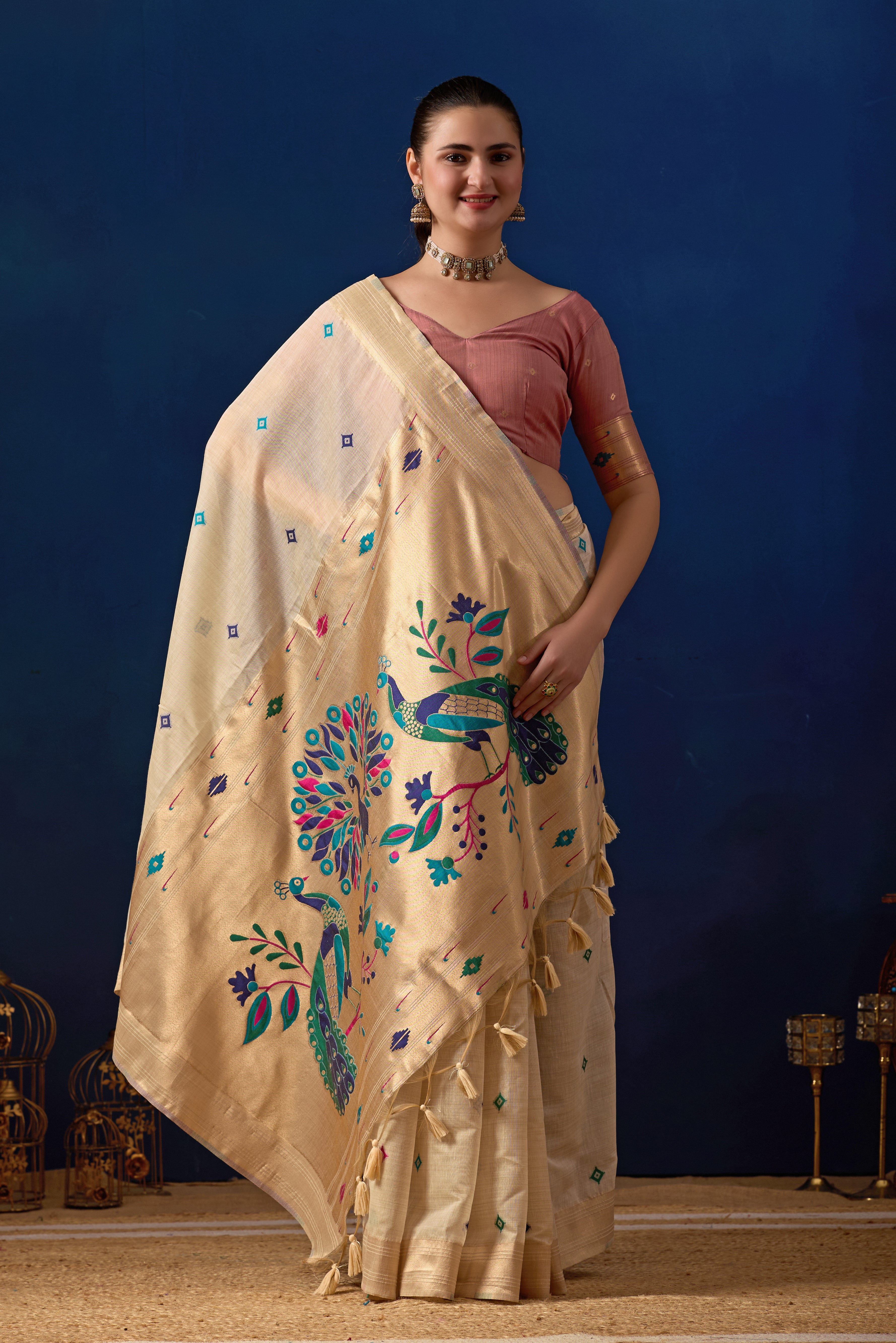 Royal Paithani Silk Saree in Cream with Pink Contrast