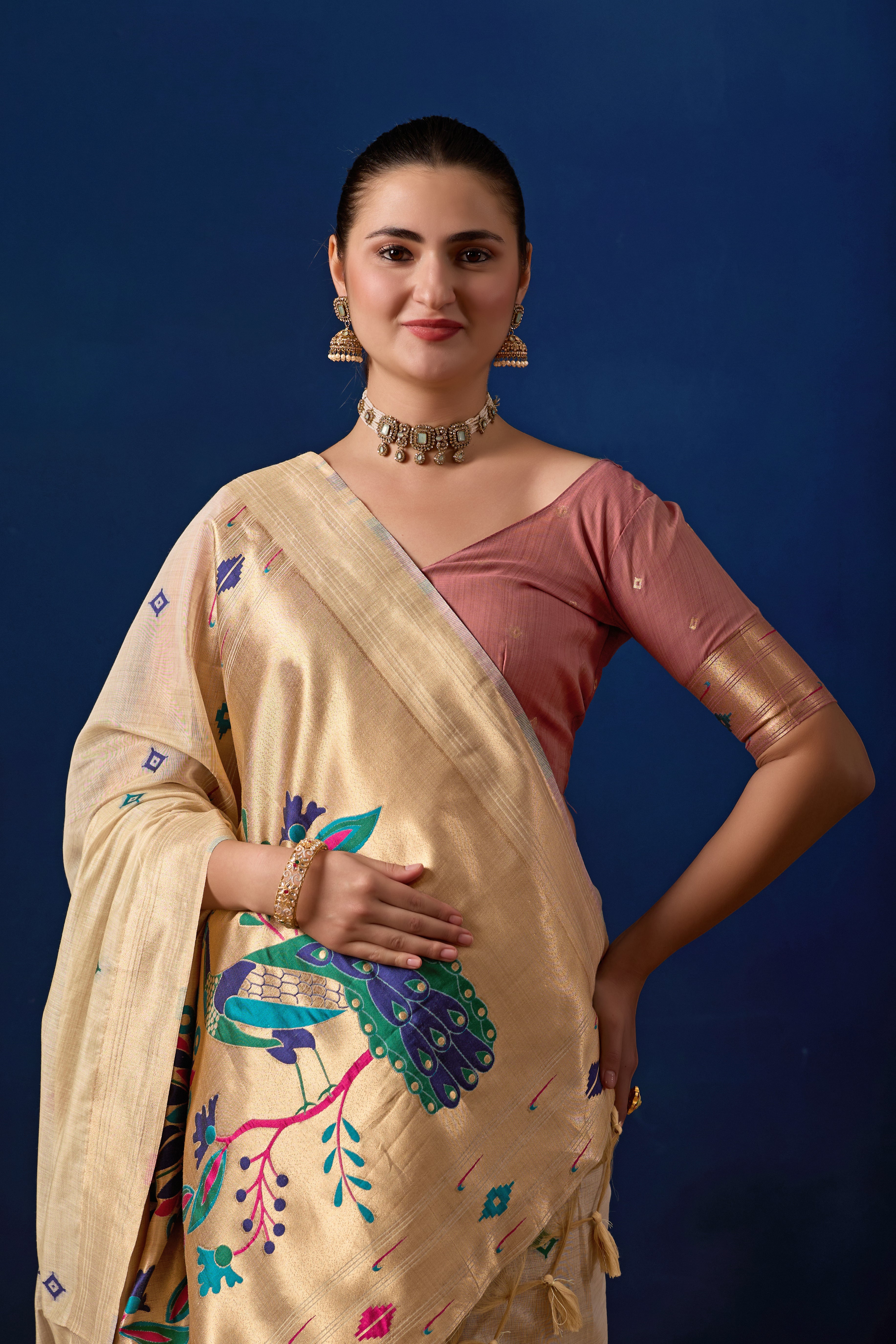 Royal Paithani Silk Saree in Cream with Pink Contrast