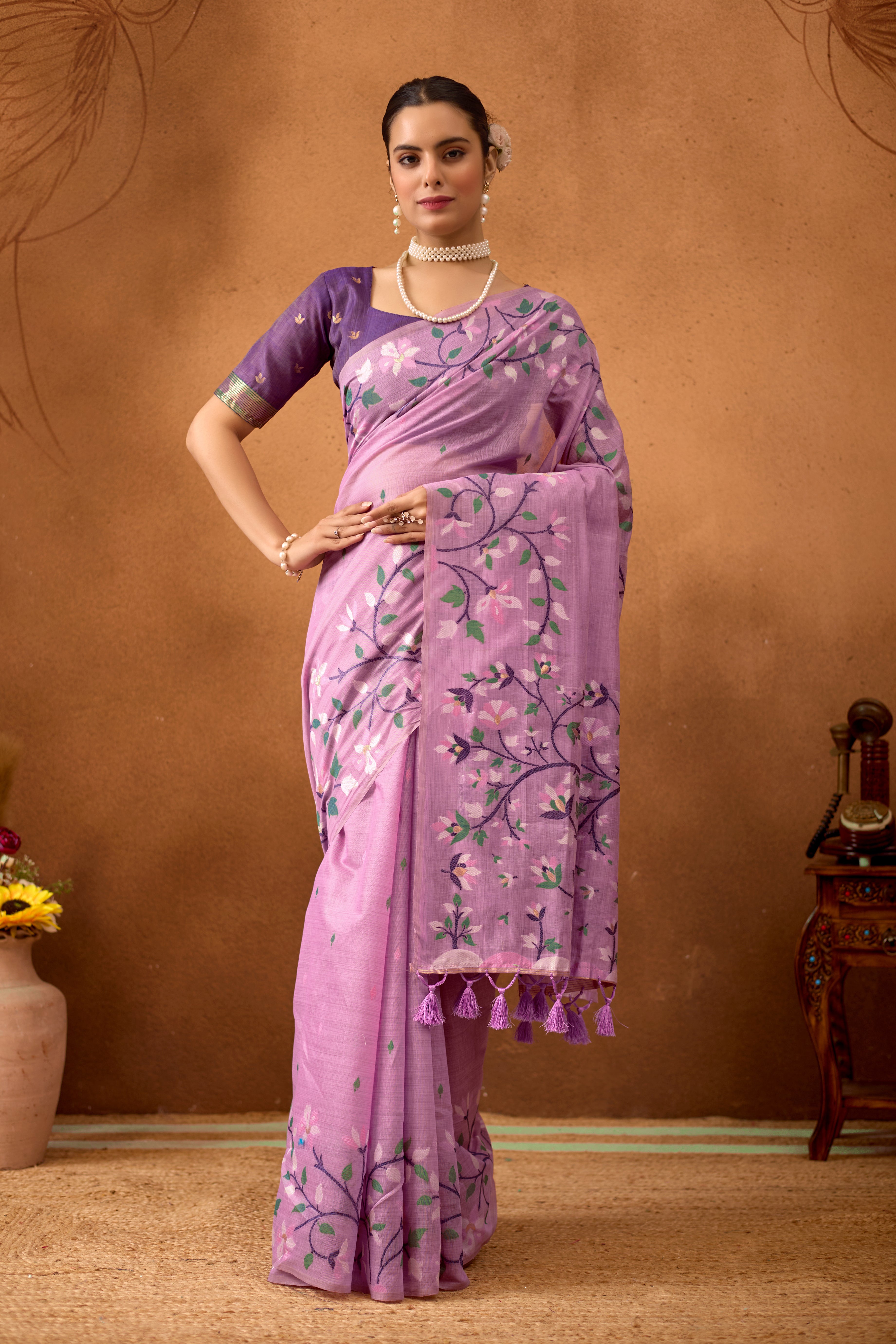 Woven Floral Design Muga Cotton Saree in Lavender