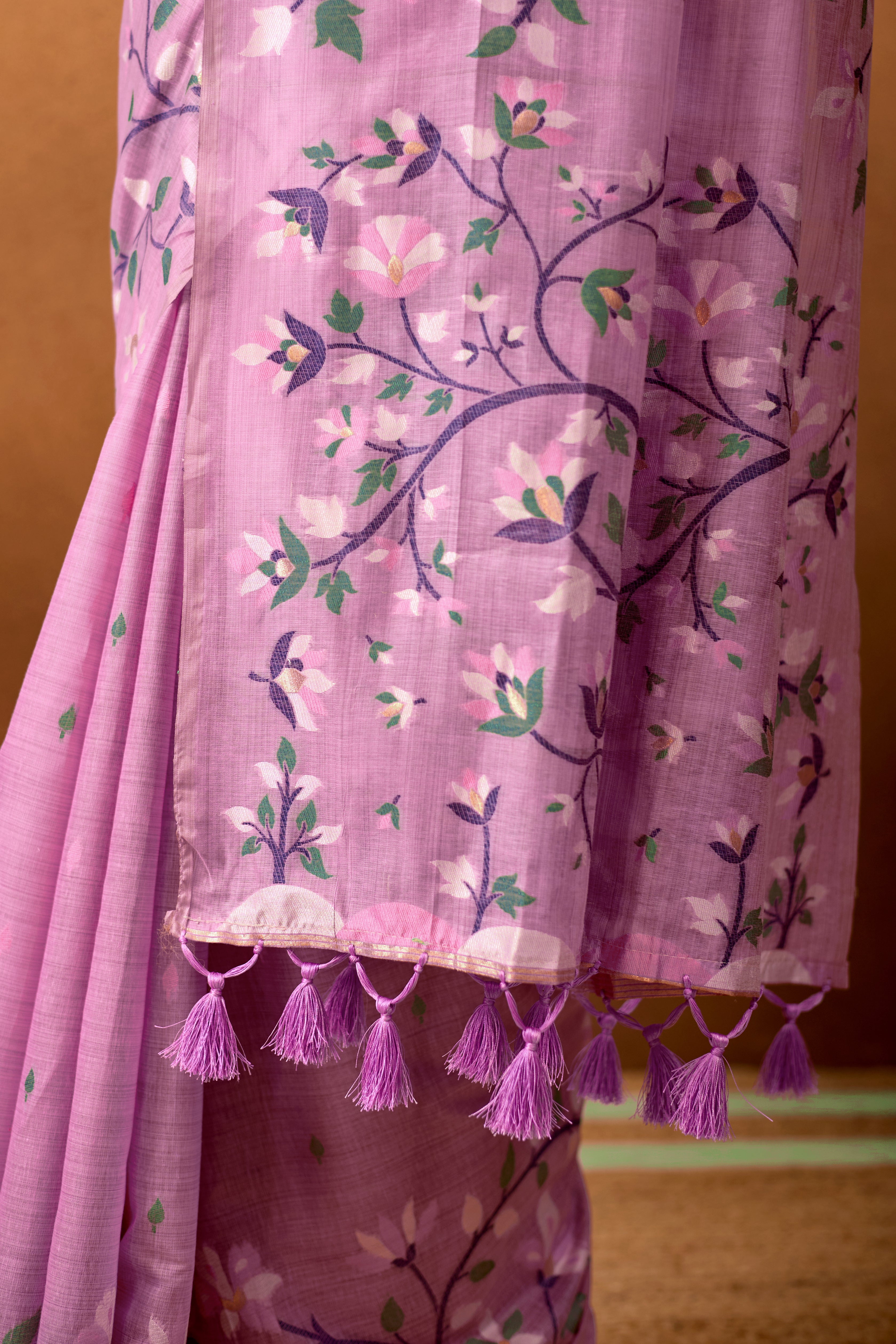 Woven Floral Design Muga Cotton Saree in Lavender