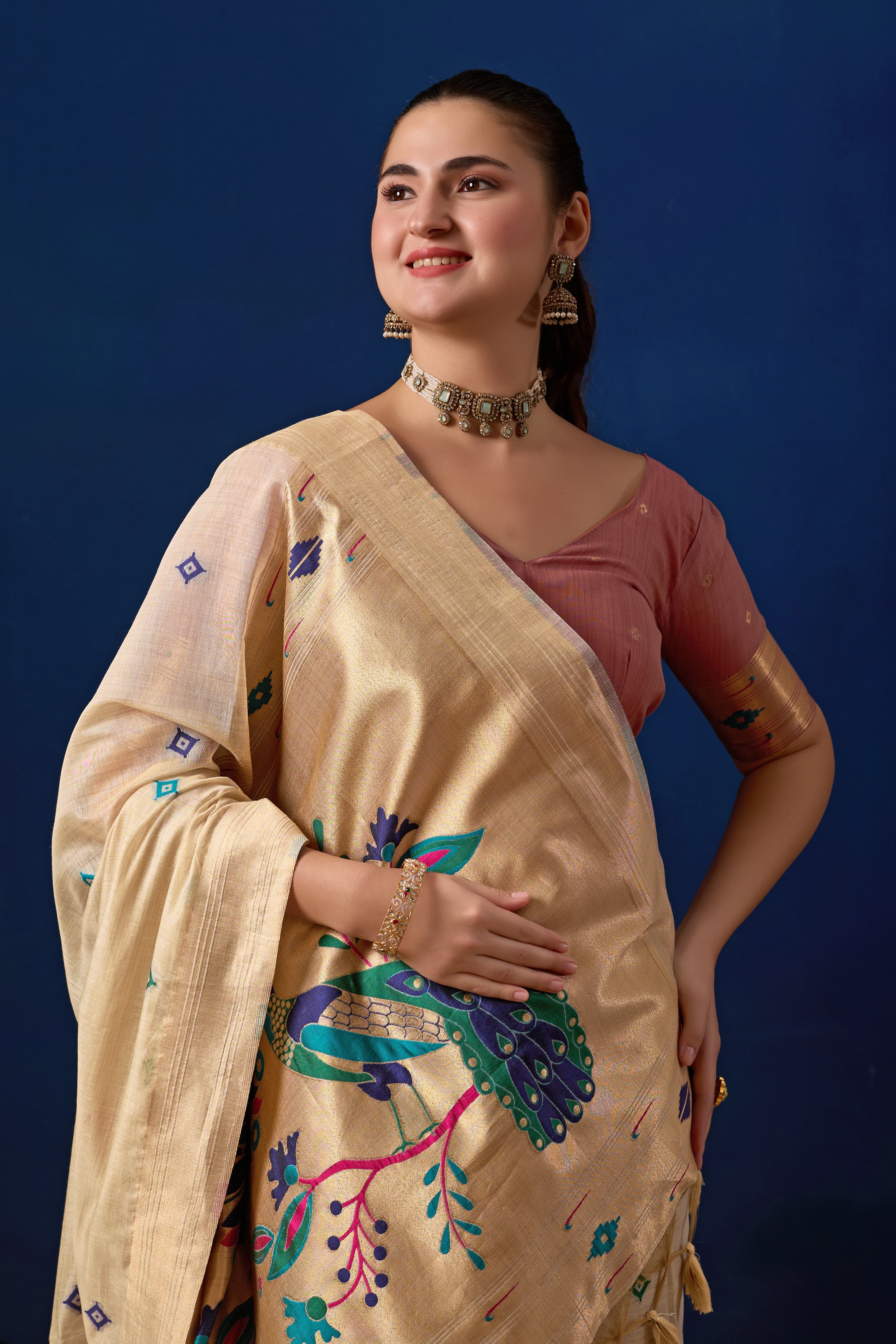 Royal Paithani Silk Saree in Cream with Pink Contrast