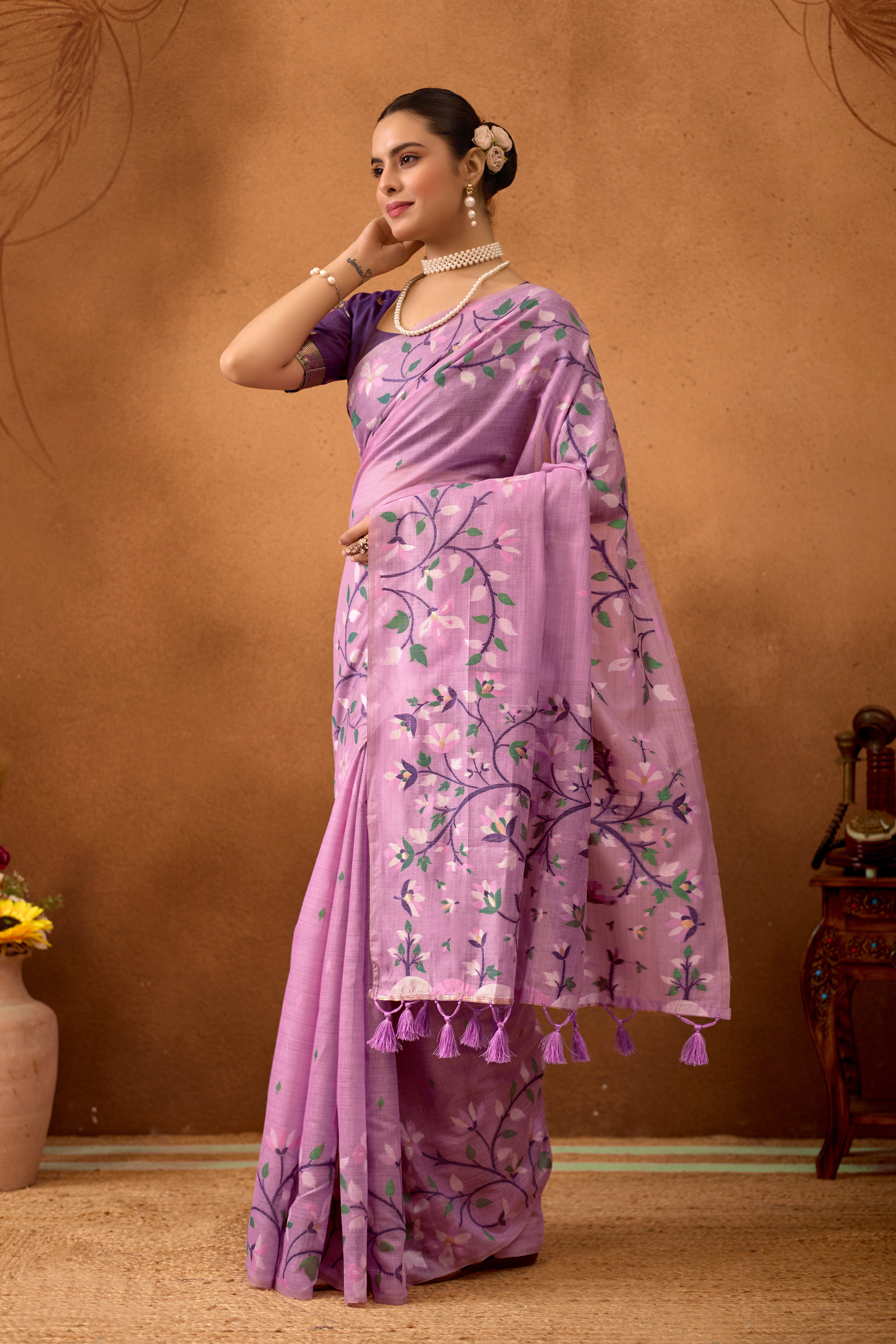 Woven Floral Design Muga Cotton Saree in Lavender