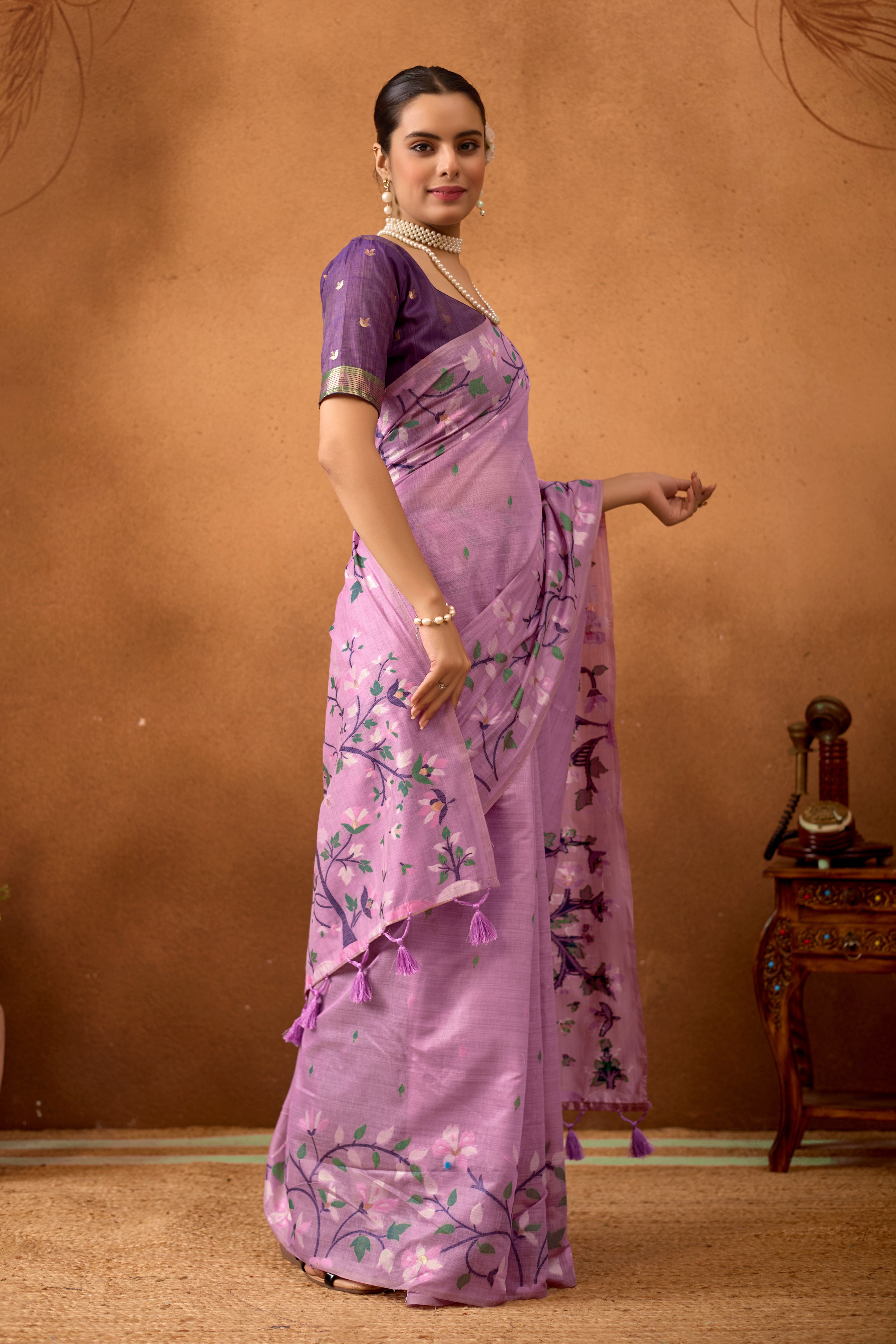 Woven Floral Design Muga Cotton Saree in Lavender