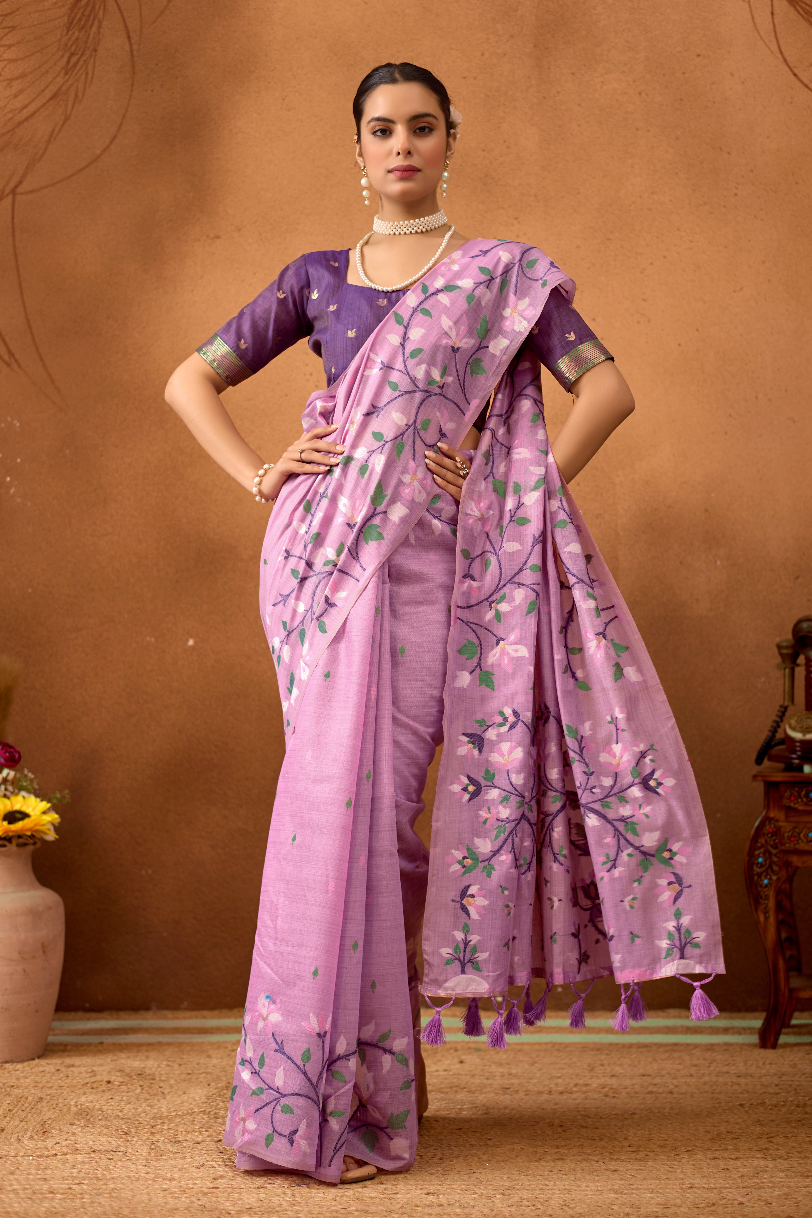 Woven Floral Design Muga Cotton Saree in Lavender