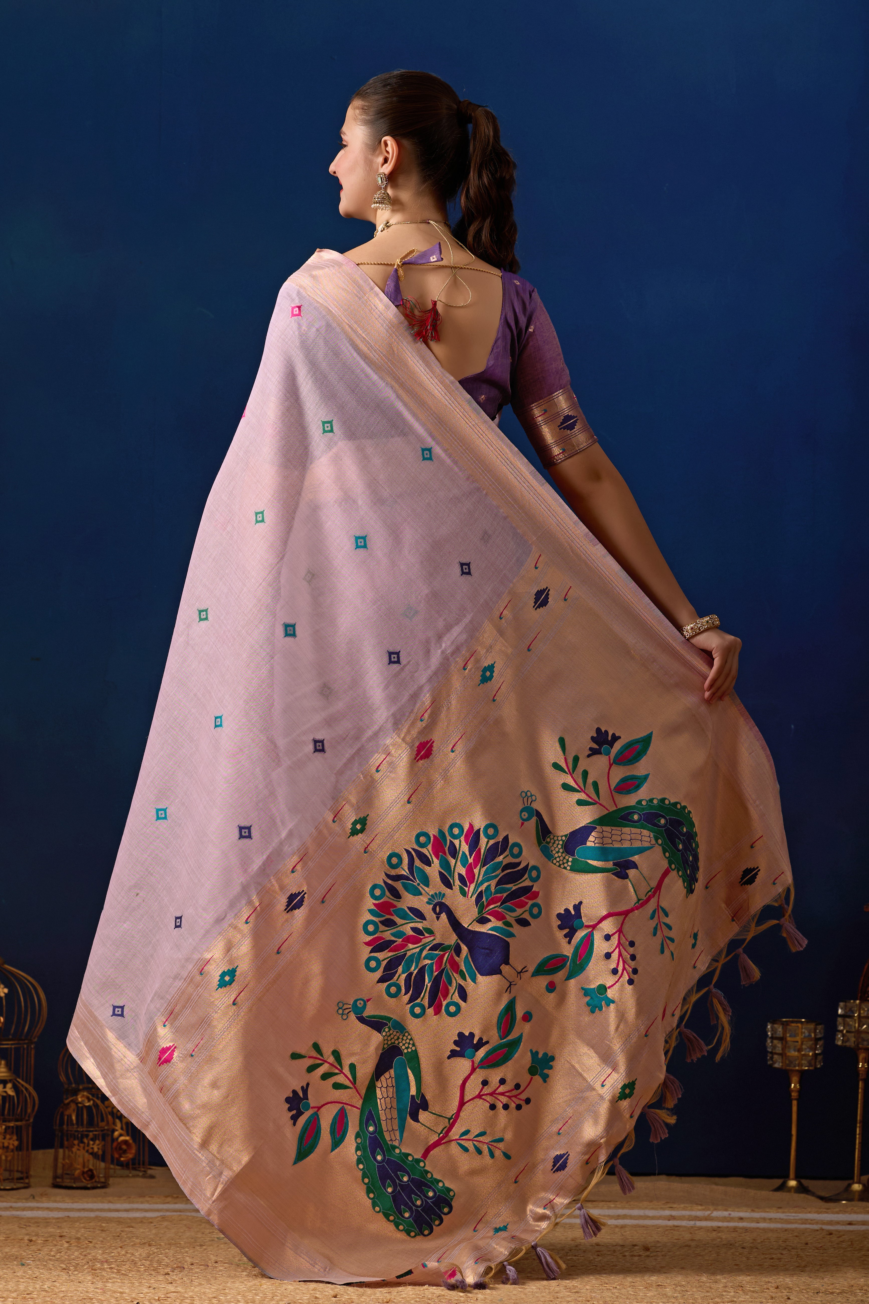 Royal Paithani Silk Saree in Lavender with Majanta Contrast