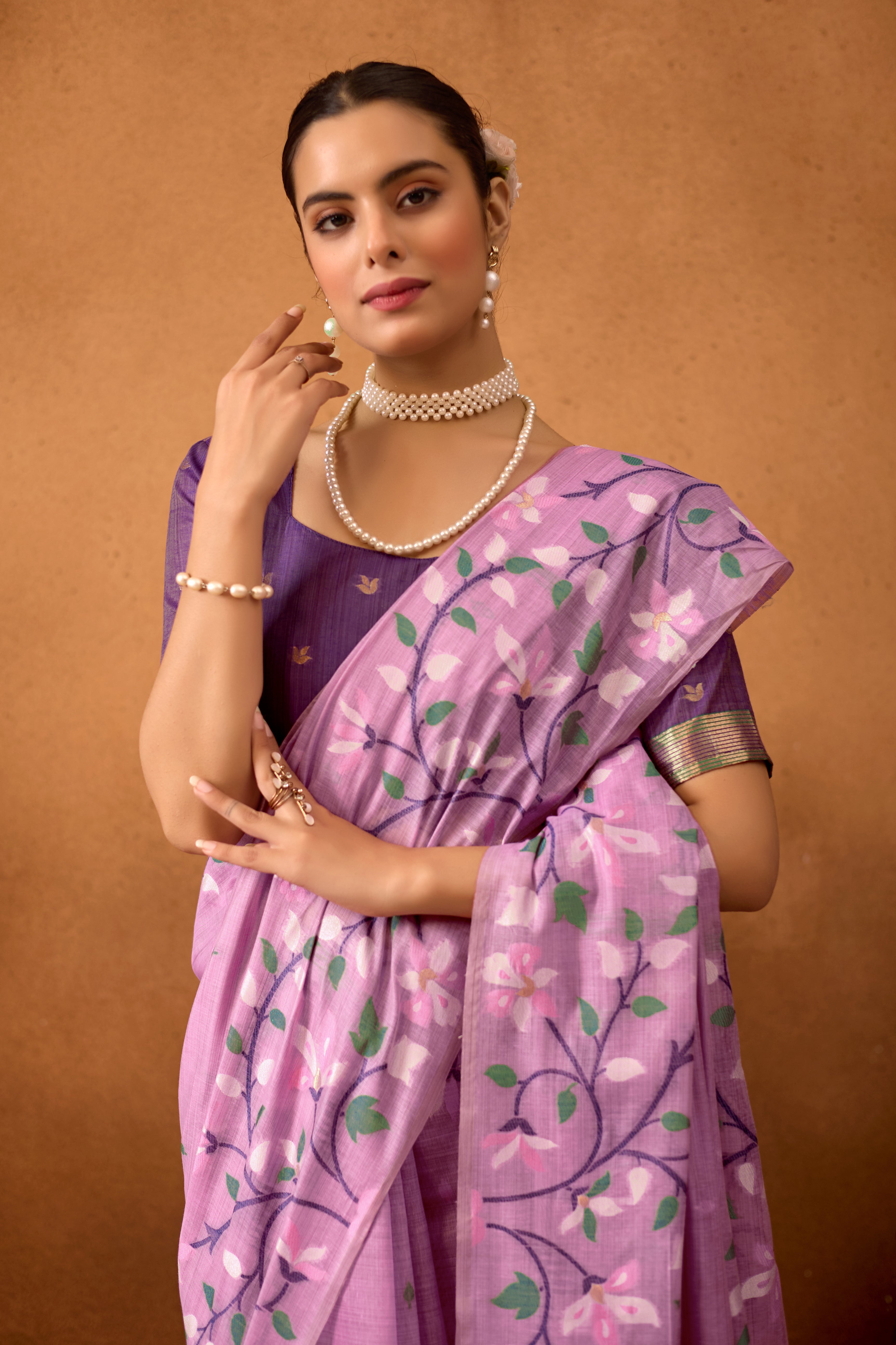 Woven Floral Design Muga Cotton Saree in Lavender
