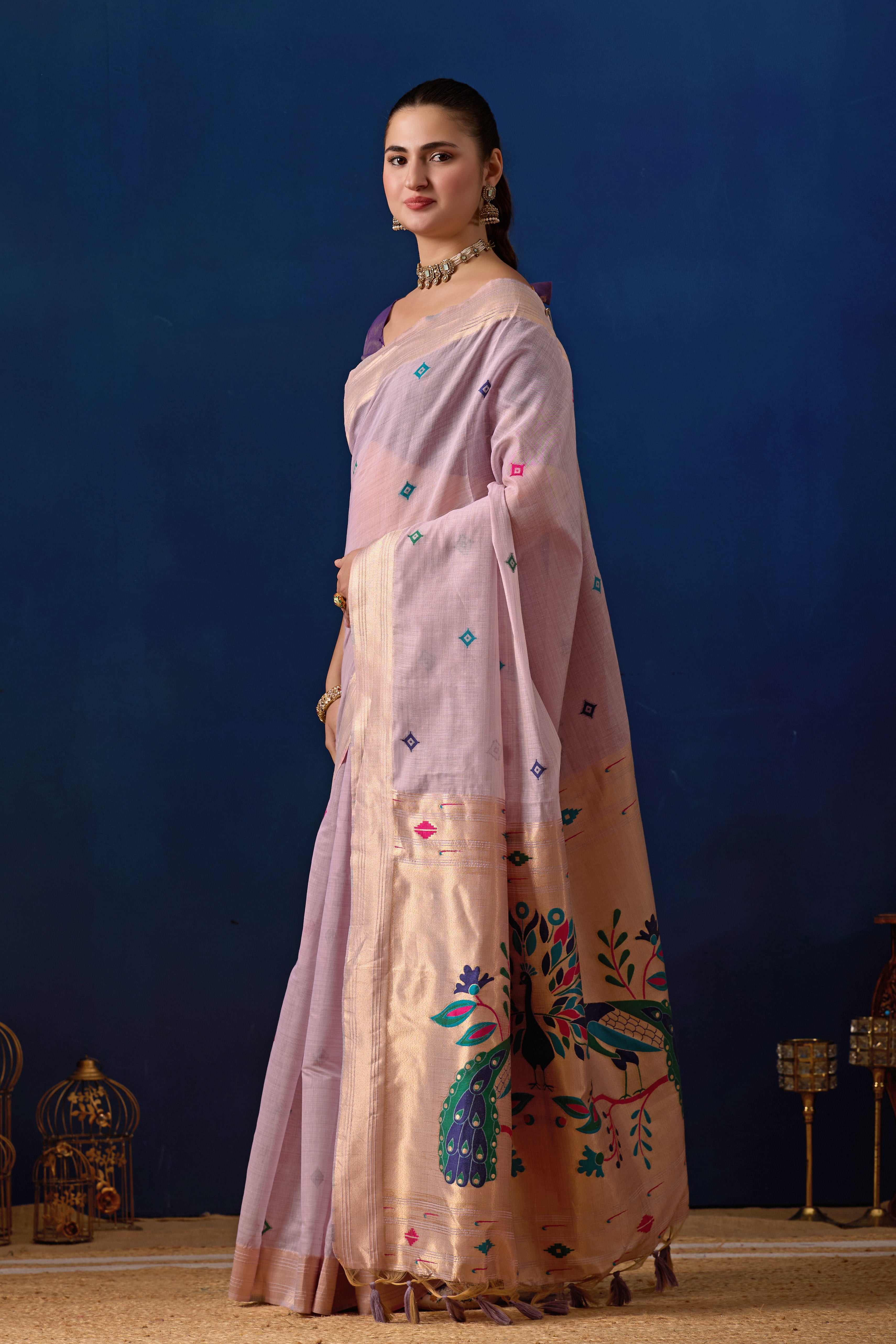 Royal Paithani Silk Saree in Lavender with Majanta Contrast