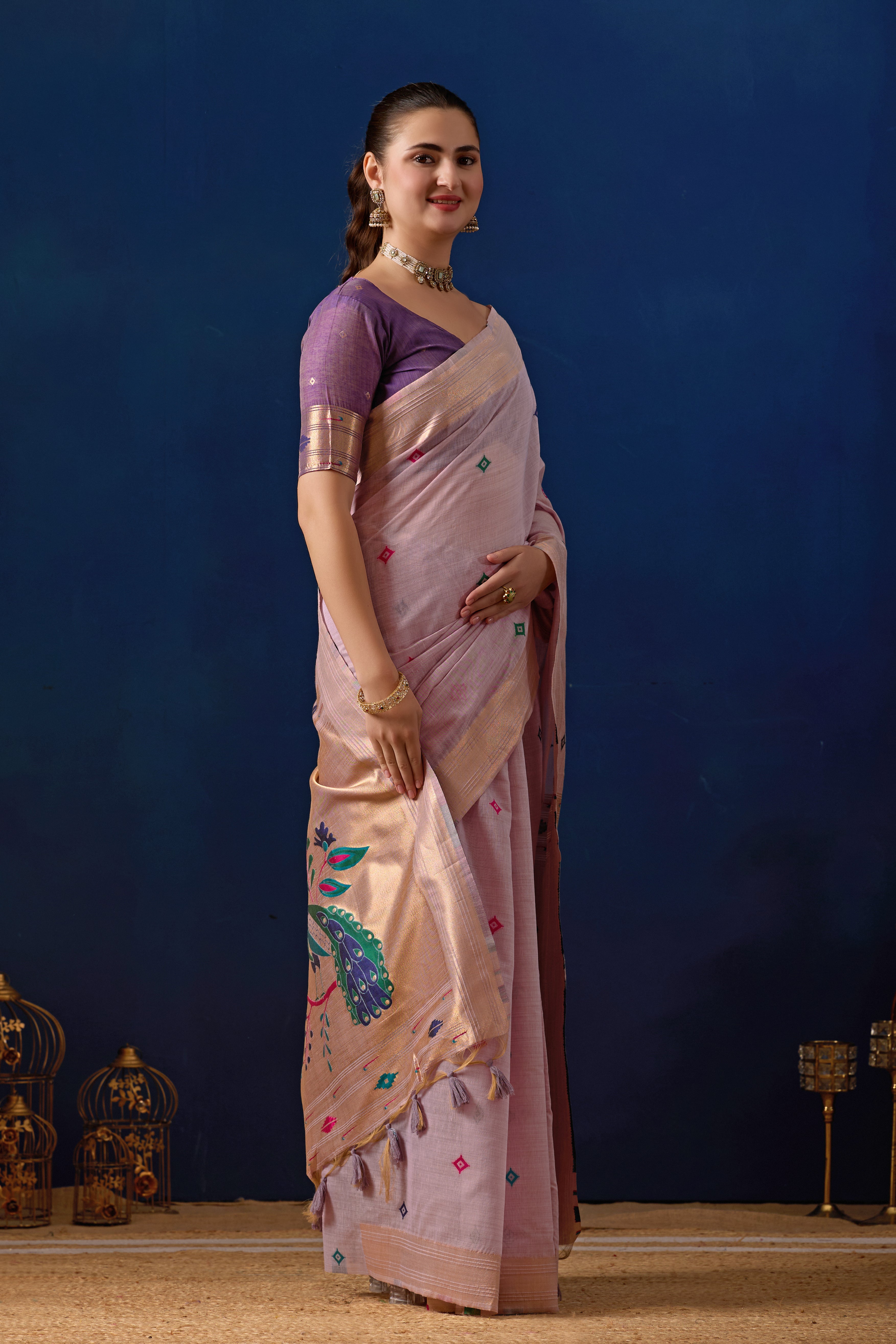 Royal Paithani Silk Saree in Lavender with Majanta Contrast