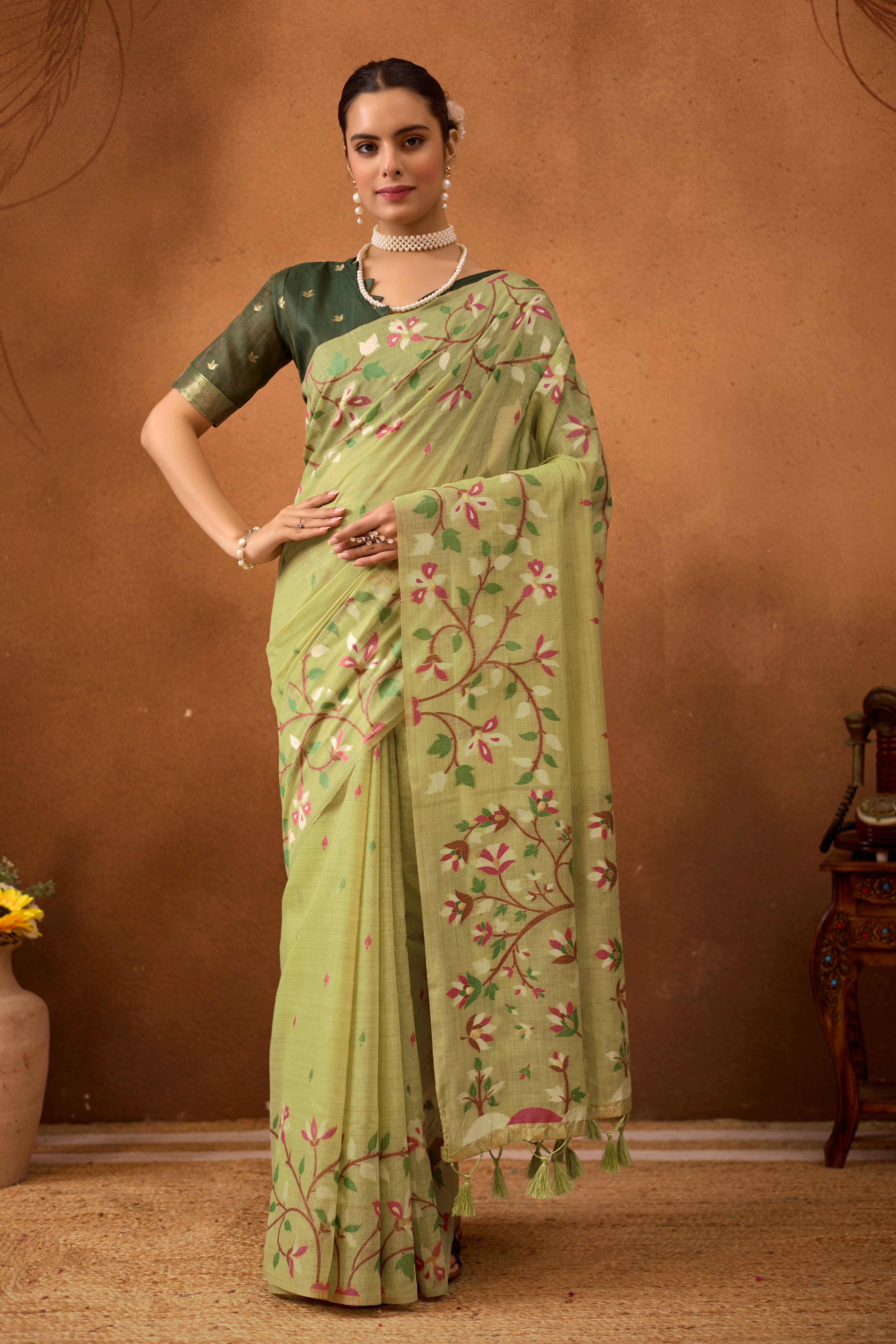 Woven Floral Design Muga Cotton Saree in Pista Green
