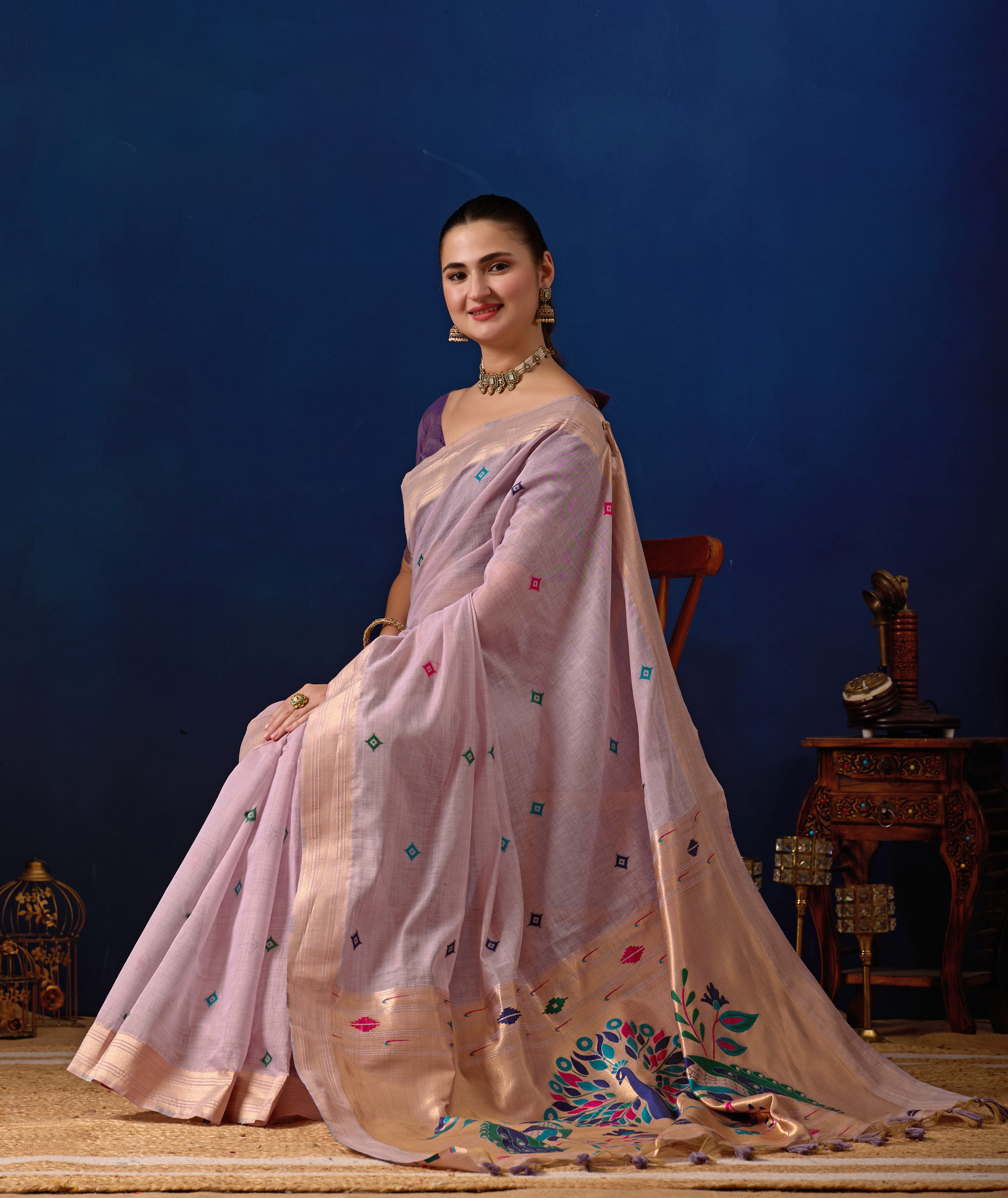 Royal Paithani Silk Saree in Lavender with Majanta Contrast