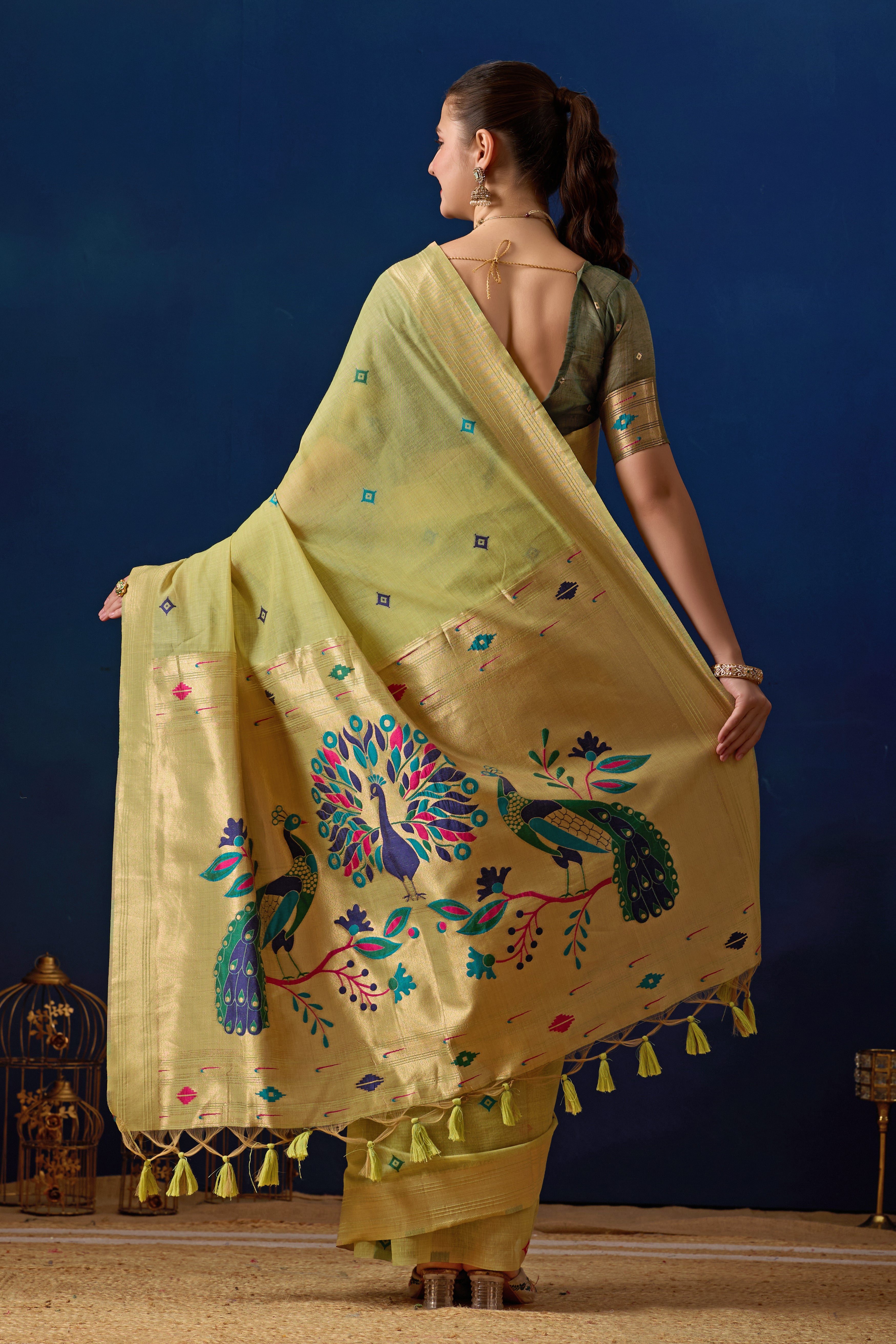 Royal Paithani Silk Saree in Pista with Green Contrast