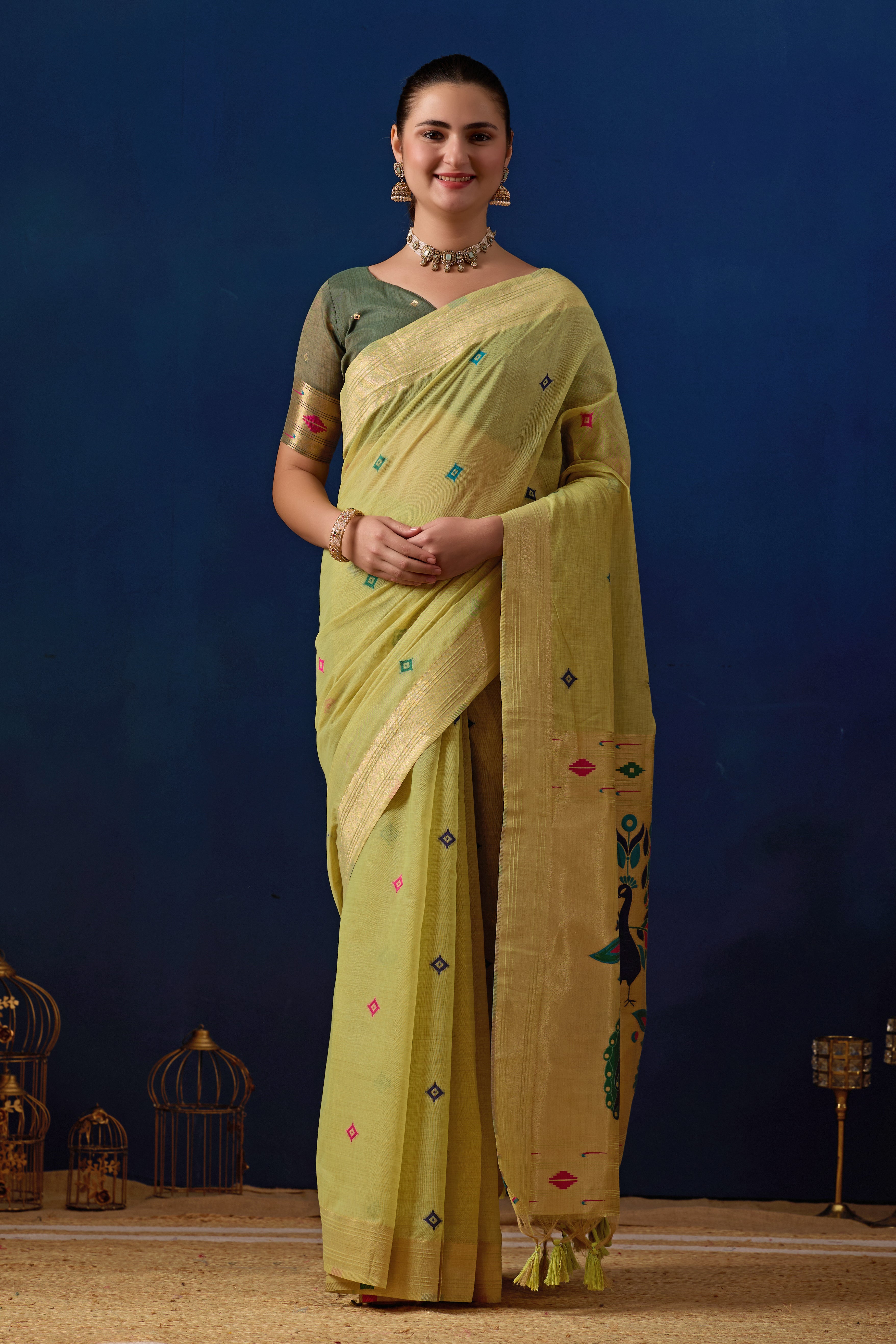 Royal Paithani Silk Saree in Pista with Green Contrast