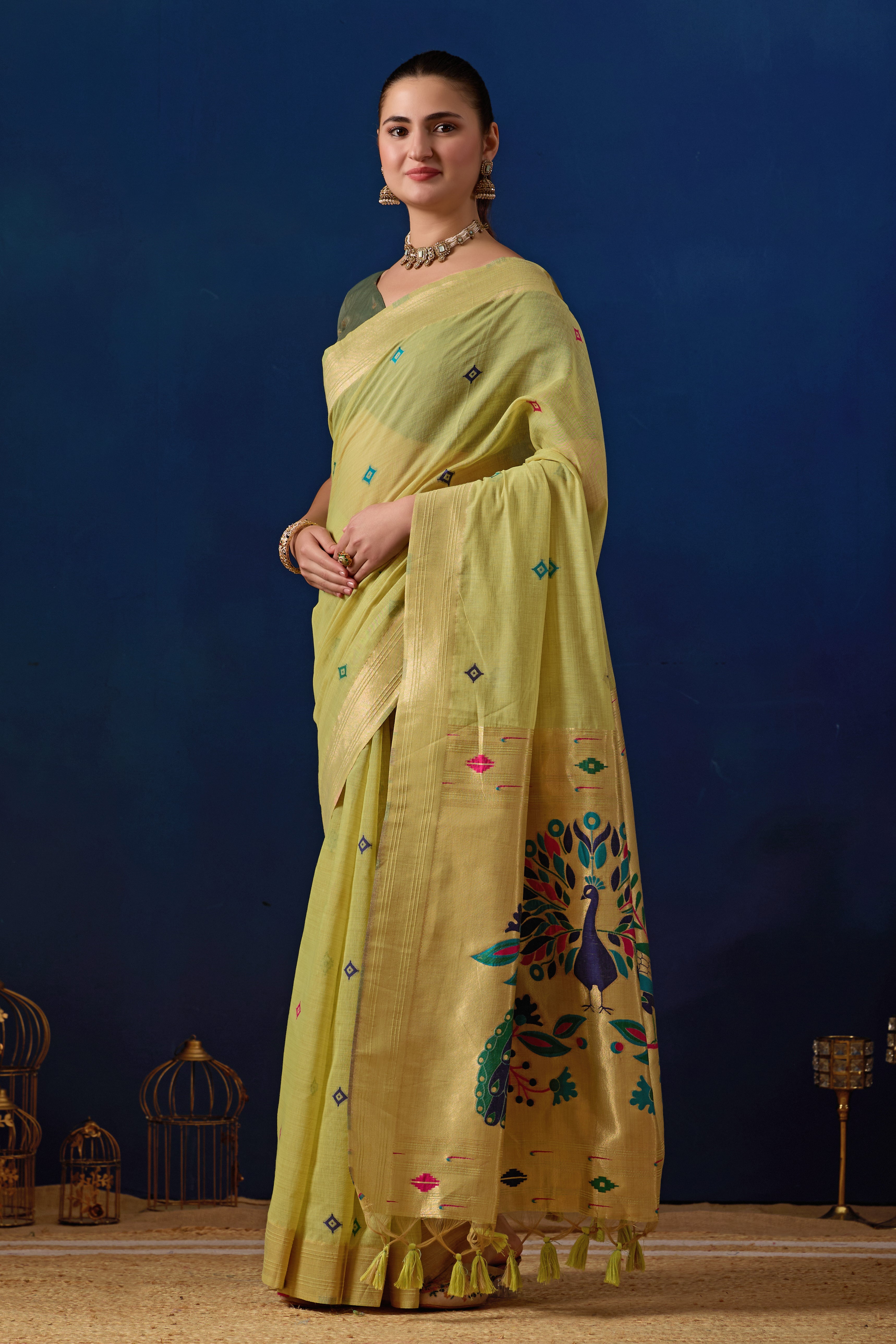 Royal Paithani Silk Saree in Pista with Green Contrast