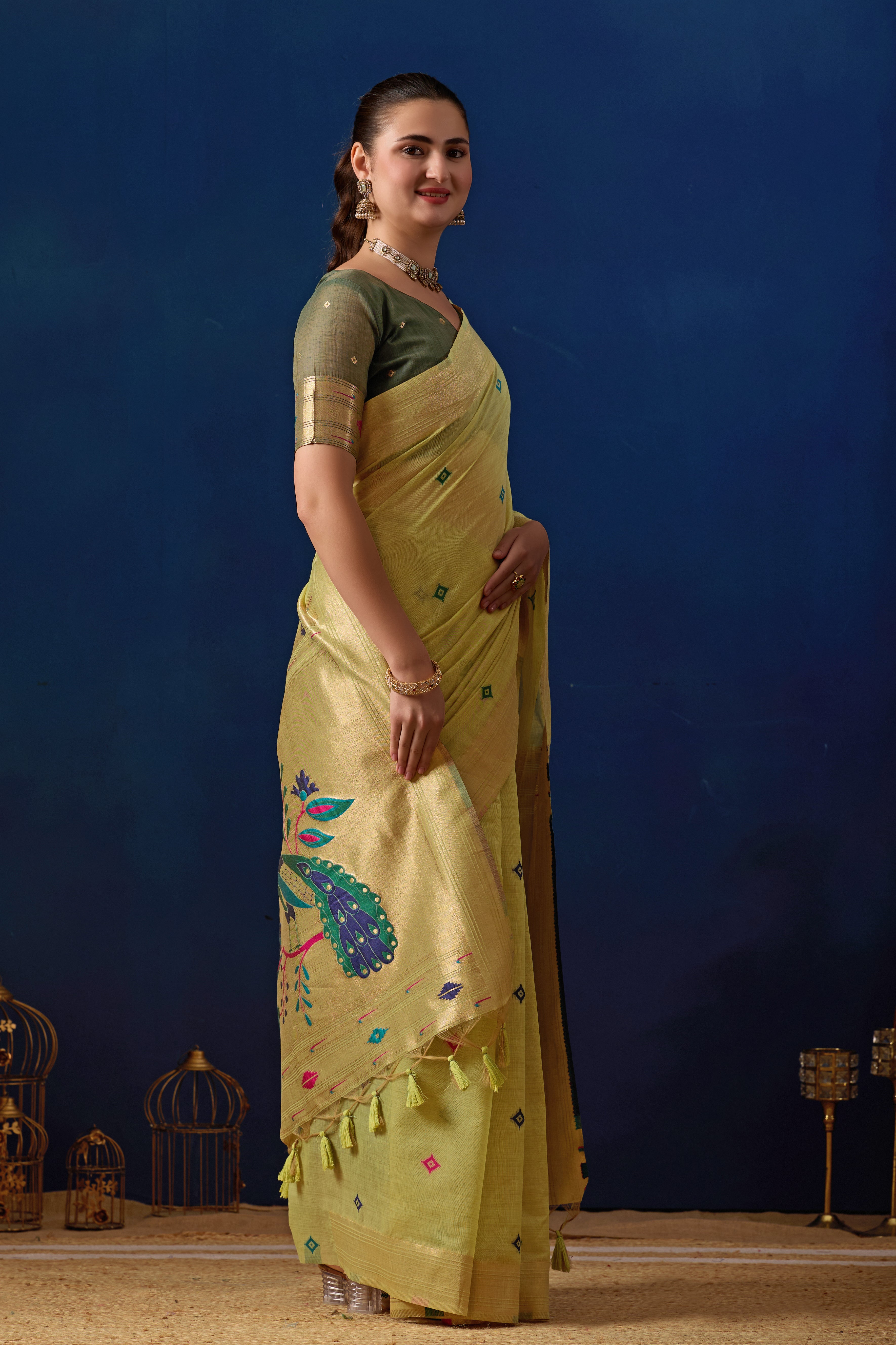 Royal Paithani Silk Saree in Pista with Green Contrast