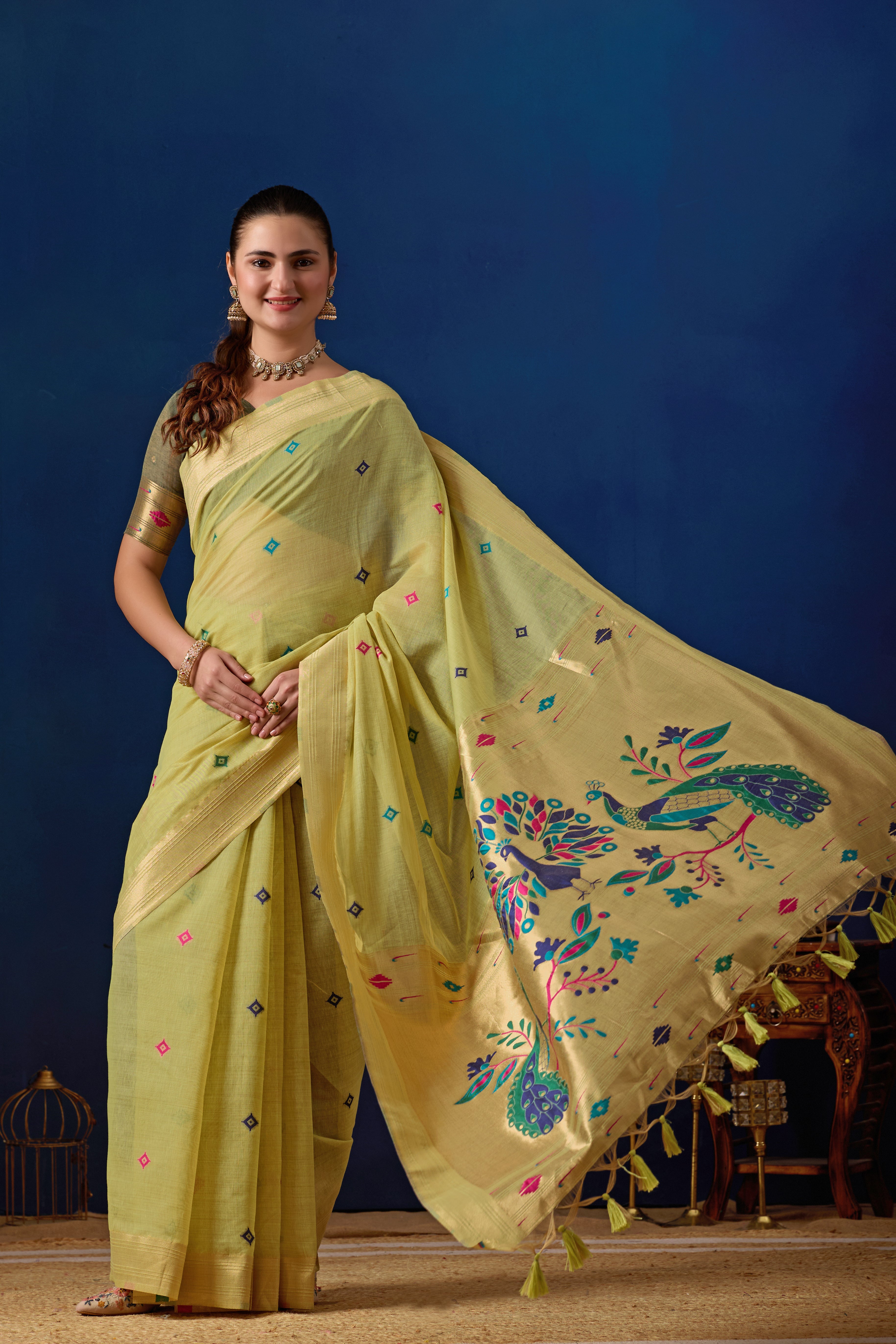 Royal Paithani Silk Saree in Pista with Green Contrast