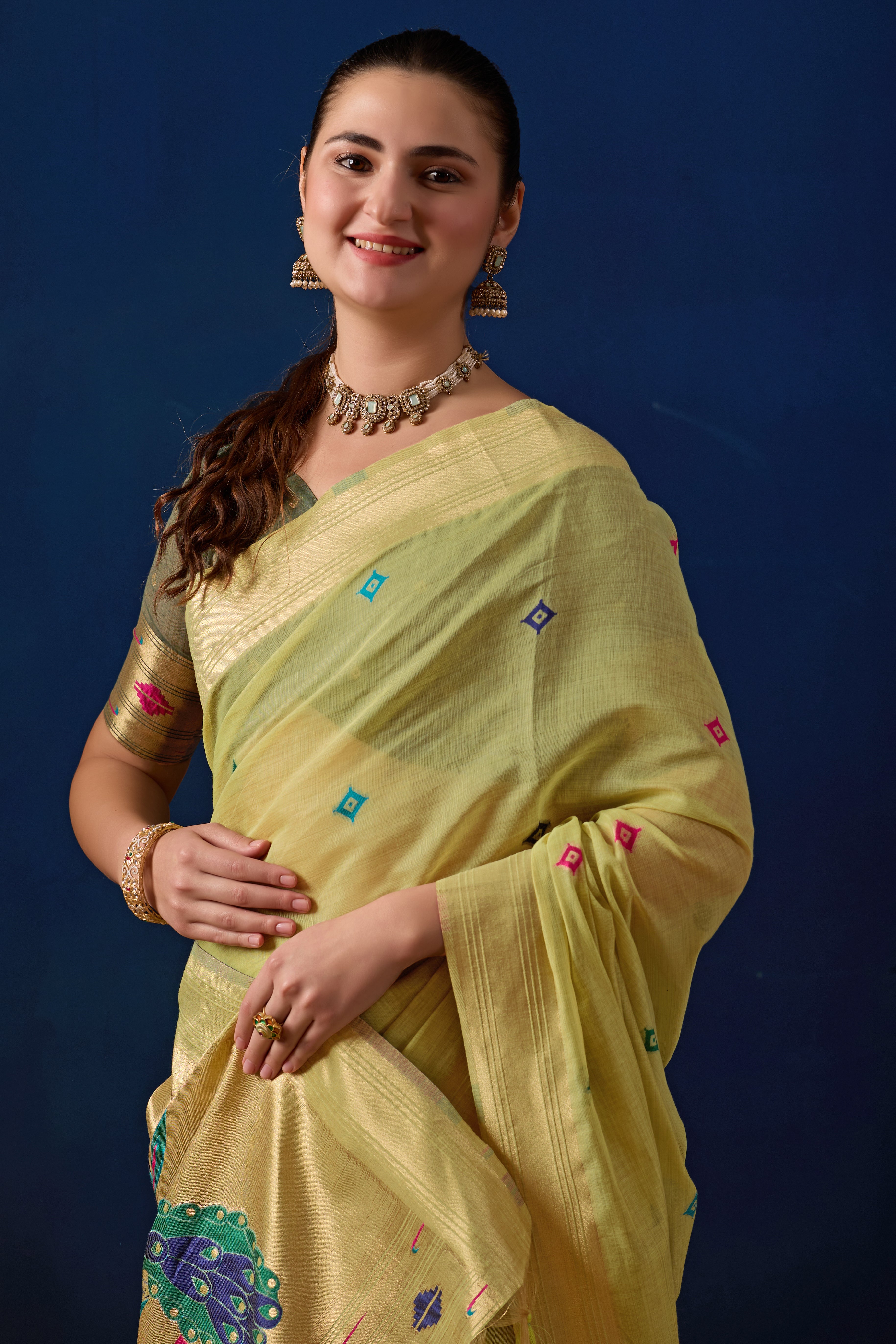 Royal Paithani Silk Saree in Pista with Green Contrast