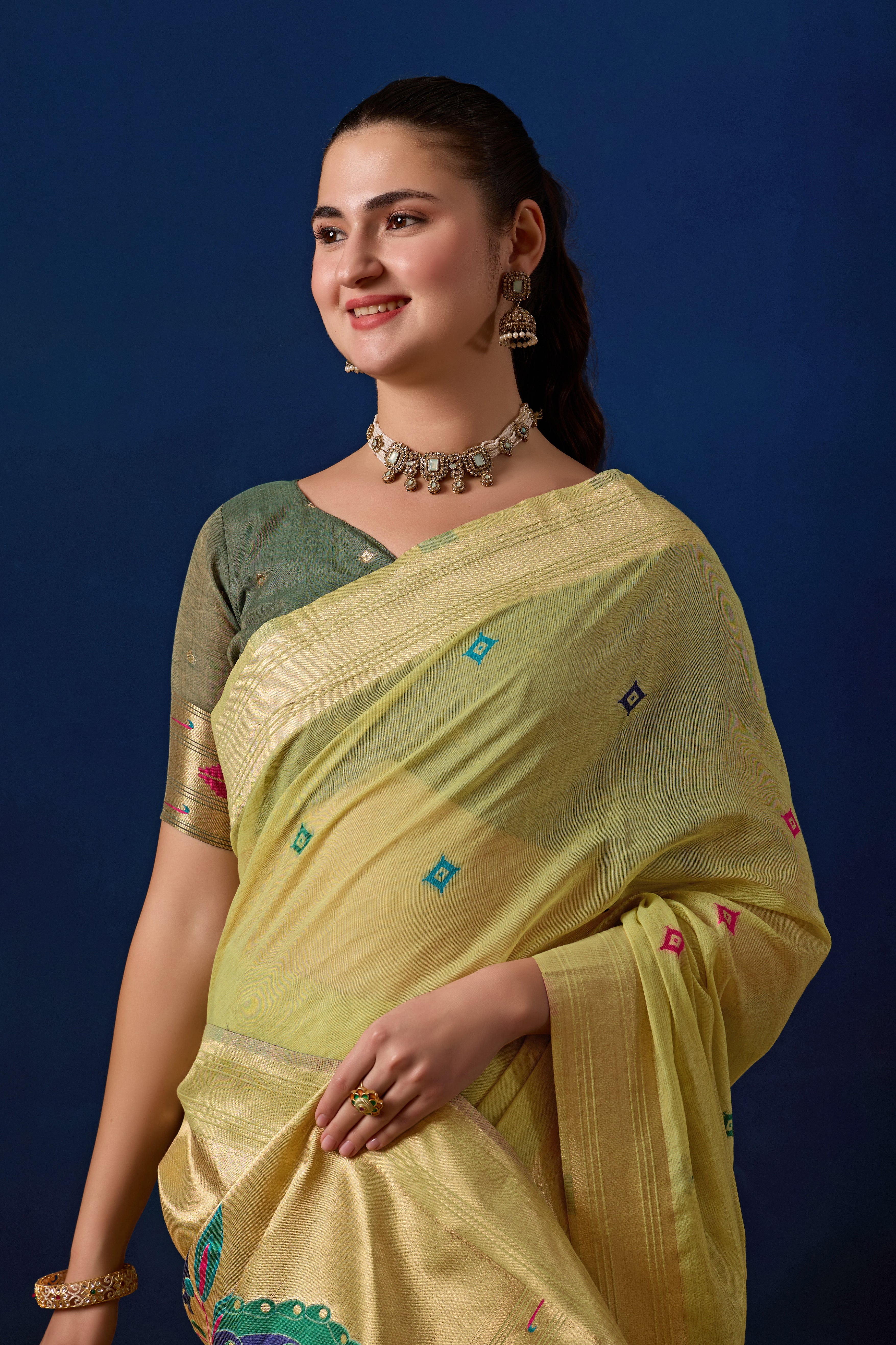 Royal Paithani Silk Saree in Pista with Green Contrast