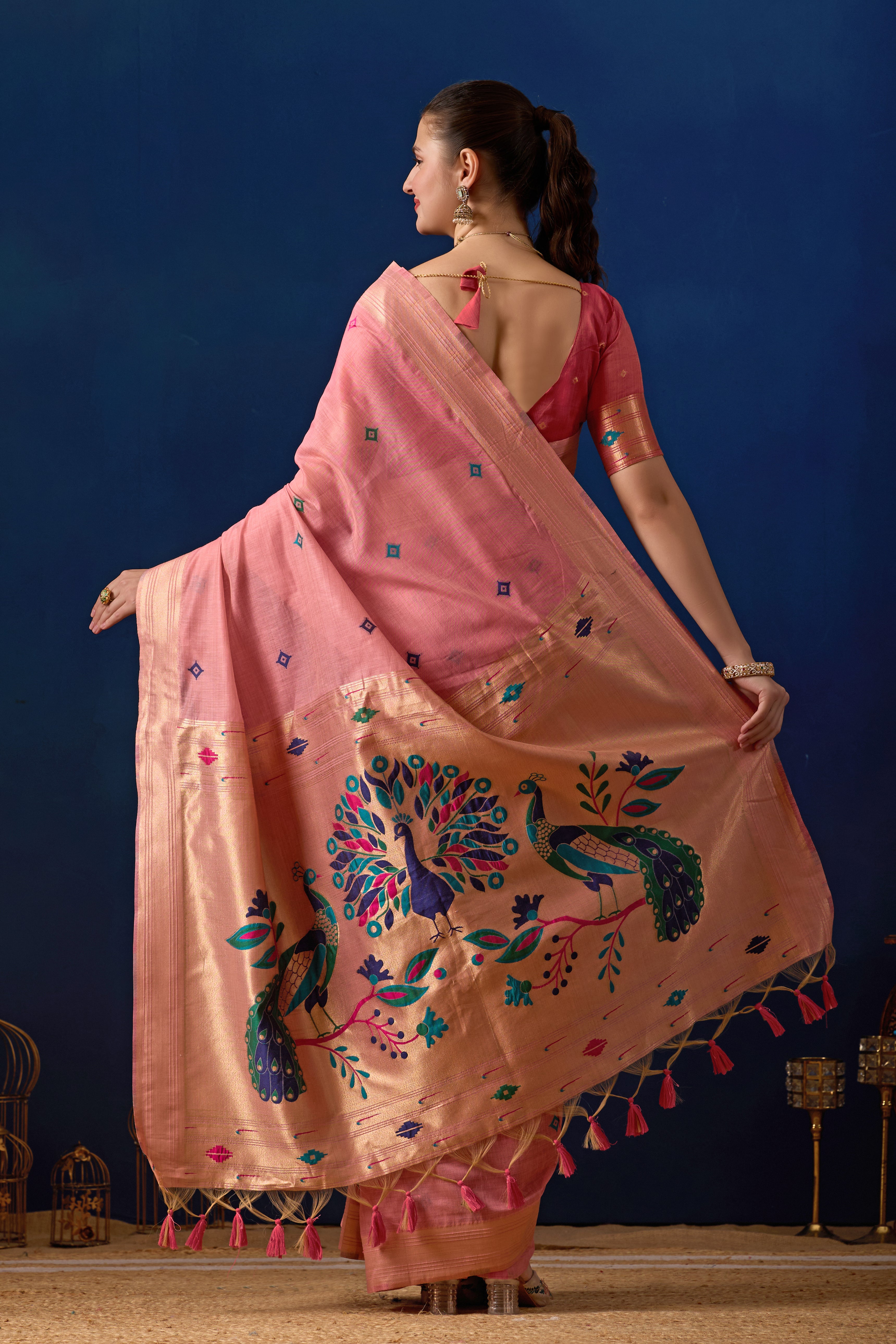 Royal Paithani Silk Saree in Pink with Dark Pink Contrast