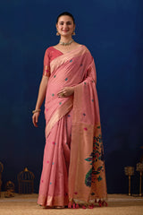 Royal Paithani Silk Saree in Pink with Dark Pink Contrast