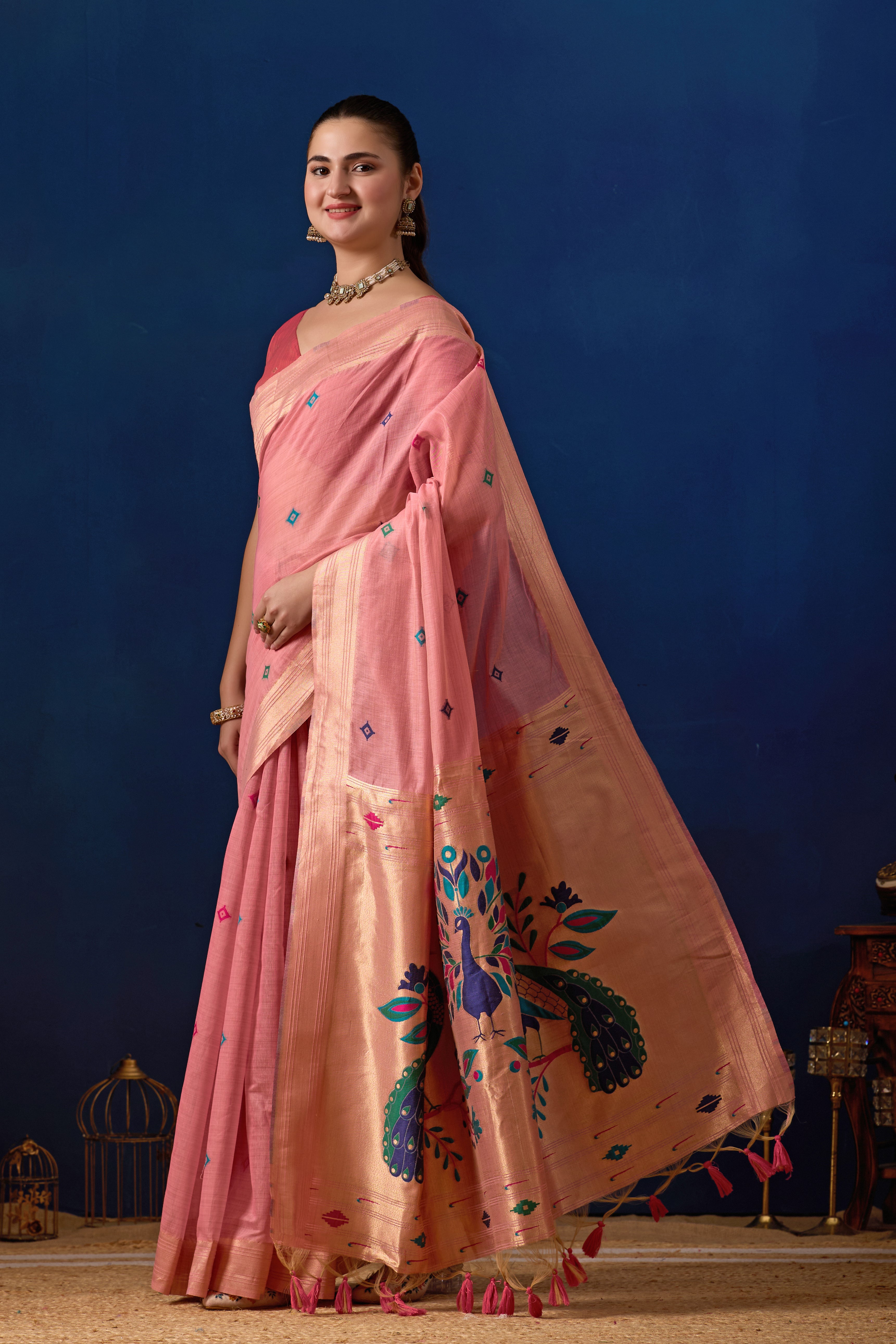 Royal Paithani Silk Saree in Pink with Dark Pink Contrast