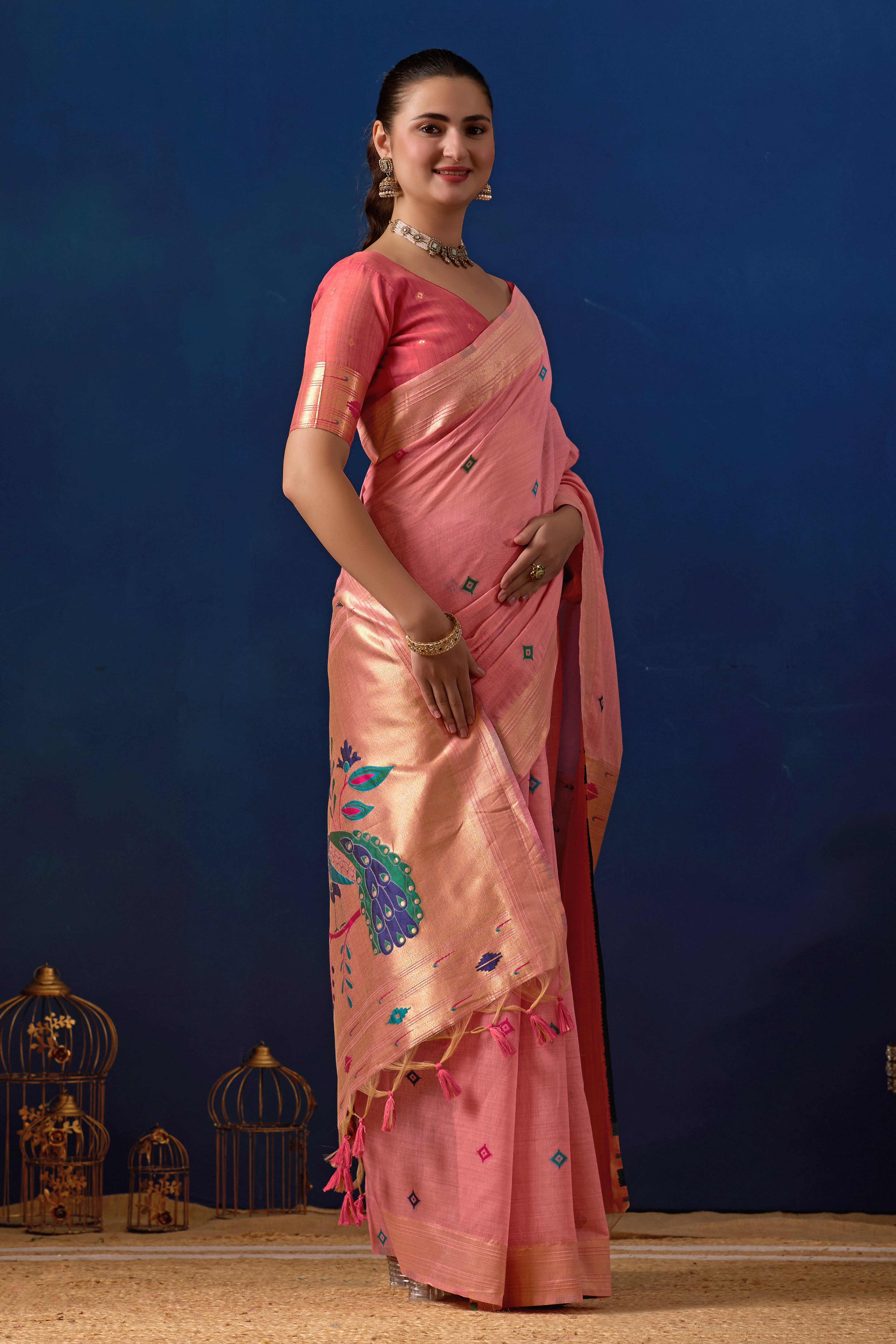 Royal Paithani Silk Saree in Pink with Dark Pink Contrast
