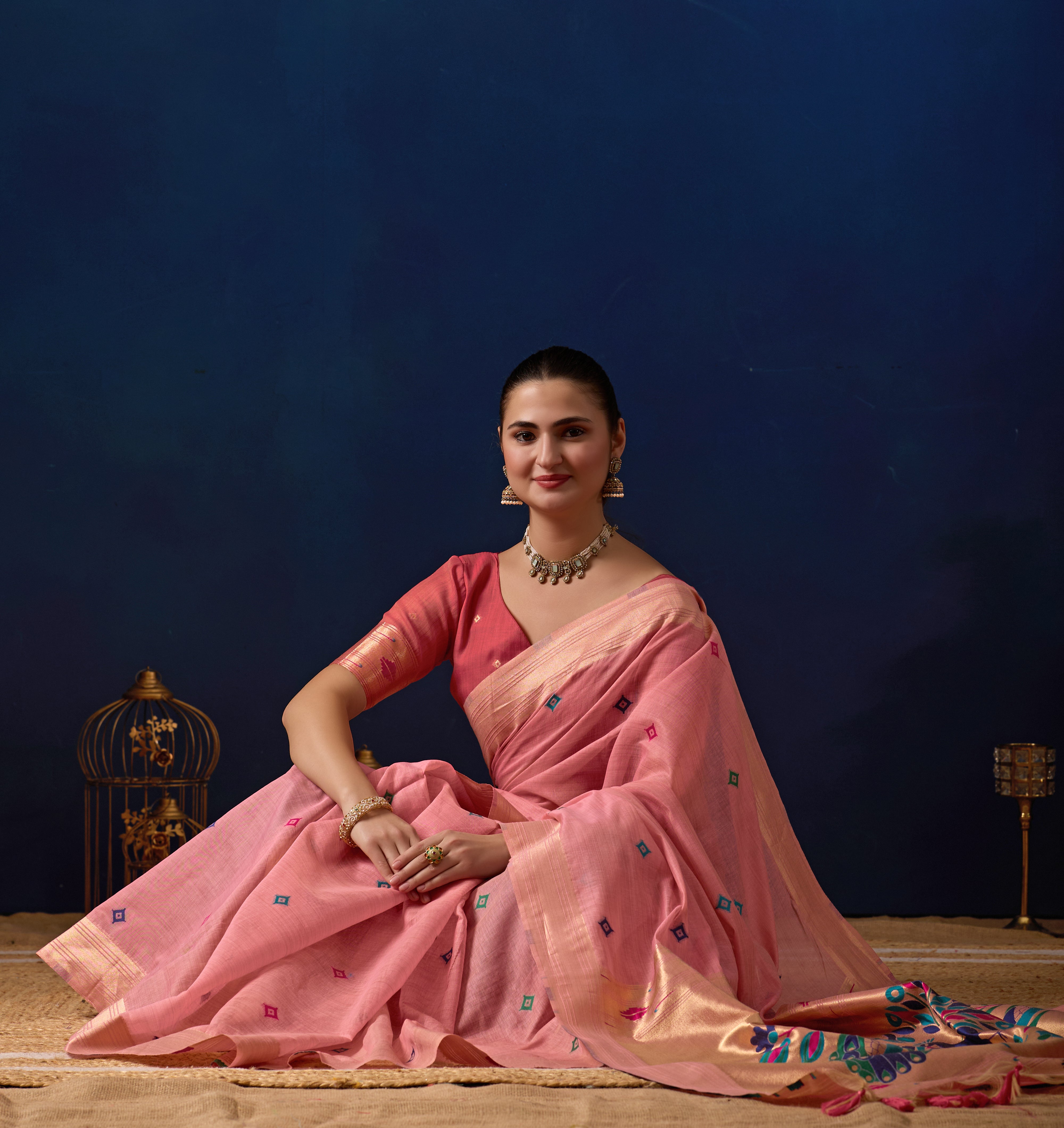 Royal Paithani Silk Saree in Pink with Dark Pink Contrast