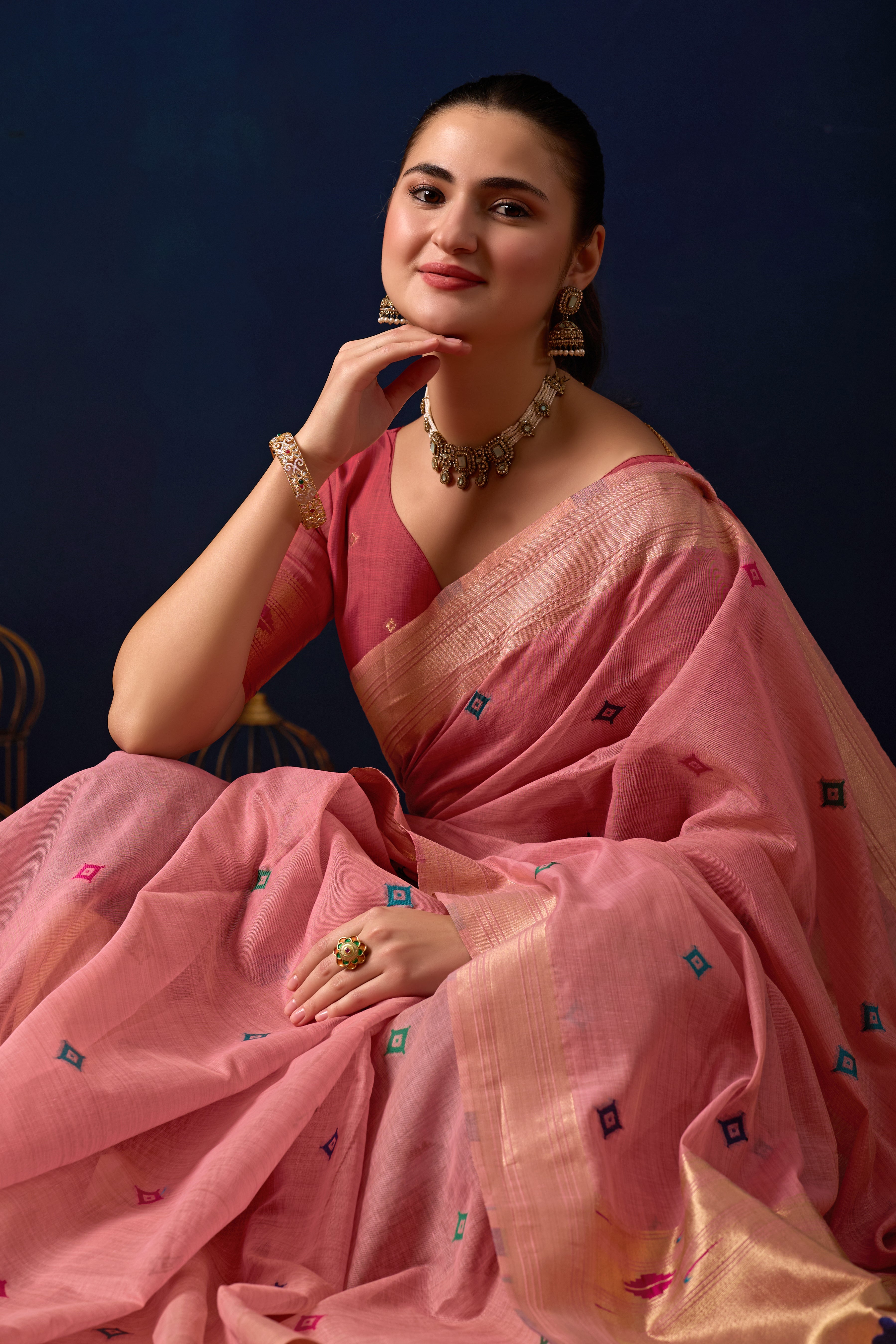 Royal Paithani Silk Saree in Pink with Dark Pink Contrast