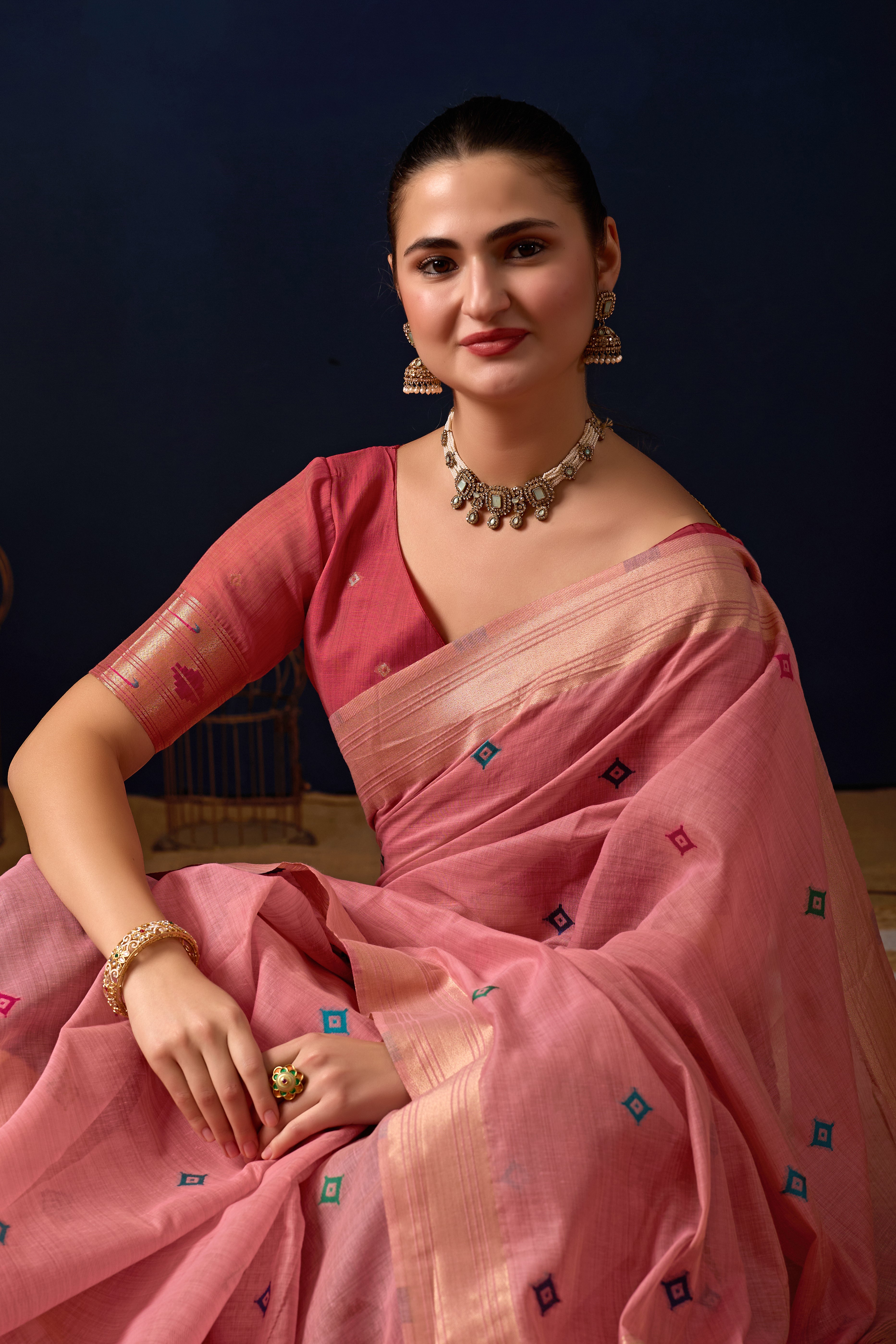 Royal Paithani Silk Saree in Pink with Dark Pink Contrast