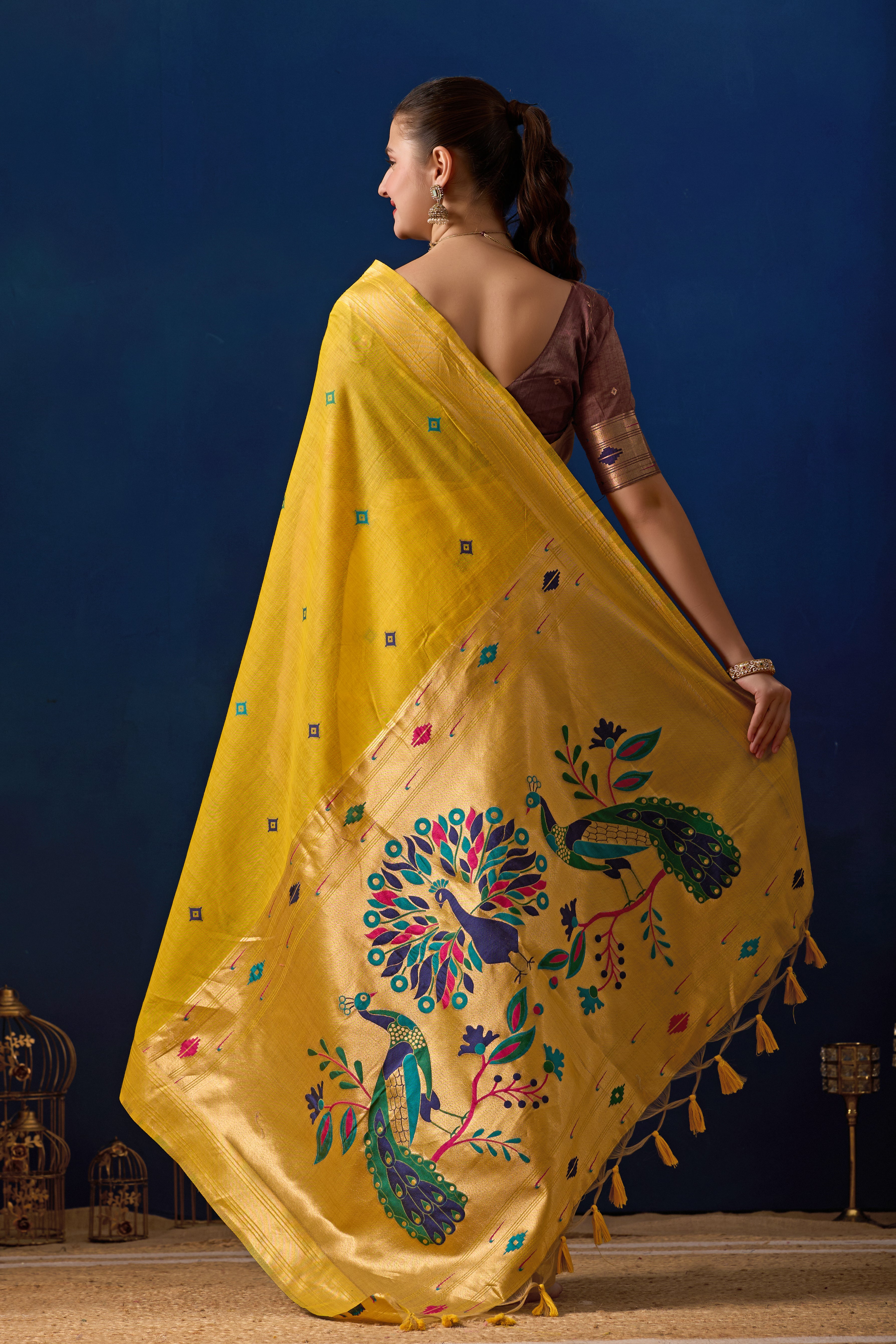 Royal Paithani Silk Saree in Yellow with Maroon Contrast
